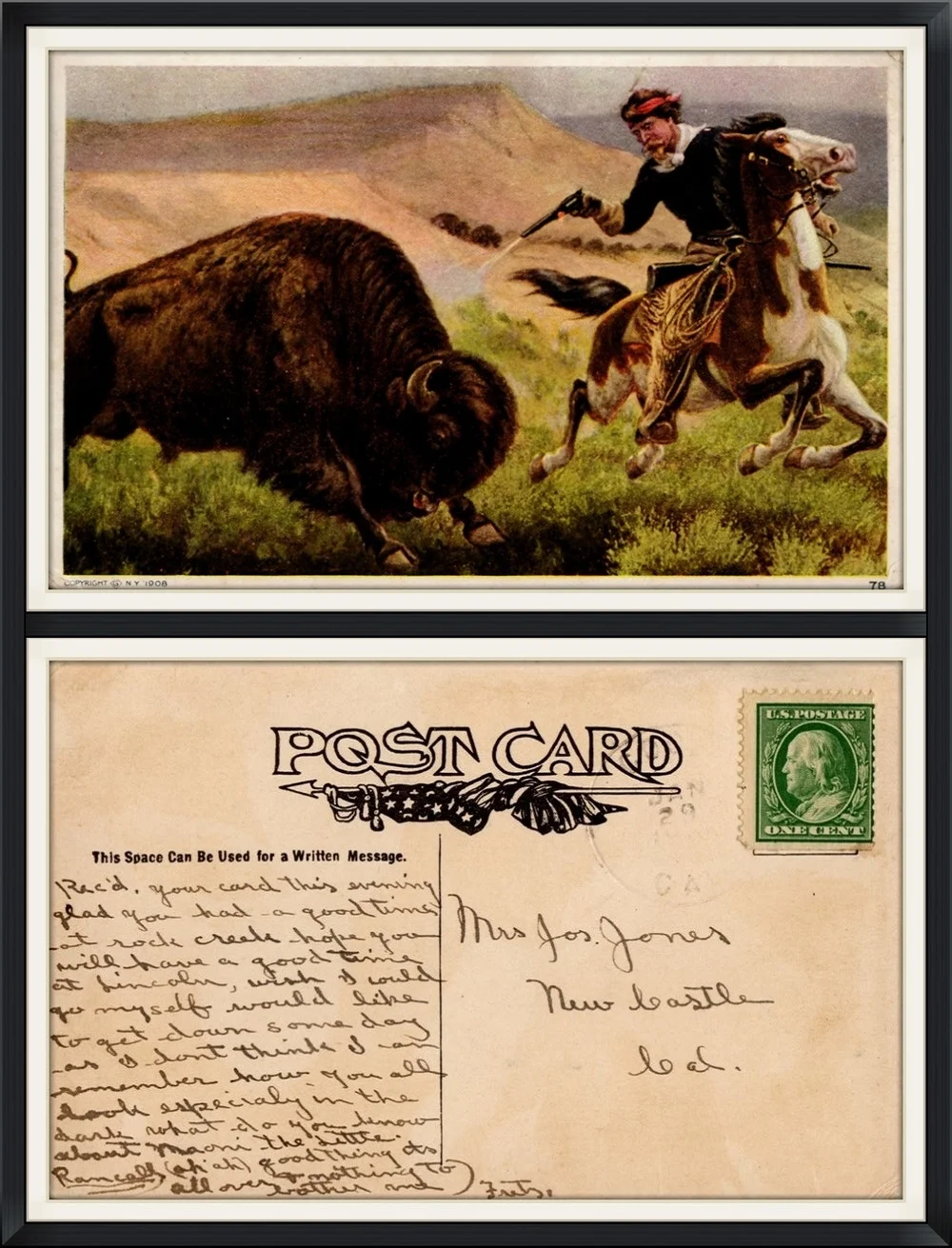 Printed Postcard of Buffalo Bill Shooting a Buffalo. Written in English. Used & Postmarked on 1/29/???? from California, USA.