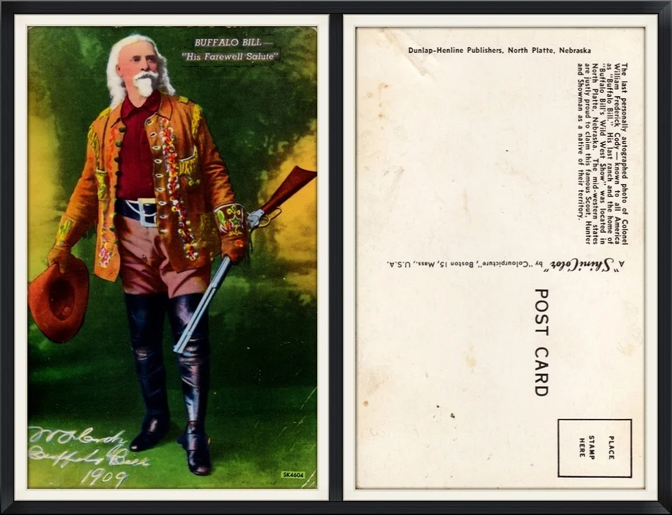 Printed Postcard of W.F. Cody "Buffalo Bill" & "His Farewell Salute." 1909 Painting SK4604 by "ShiniColor" ColourPicture Publishers, INC., Boston 30, Mass., U.S.A. Unused & Unpostmarked.