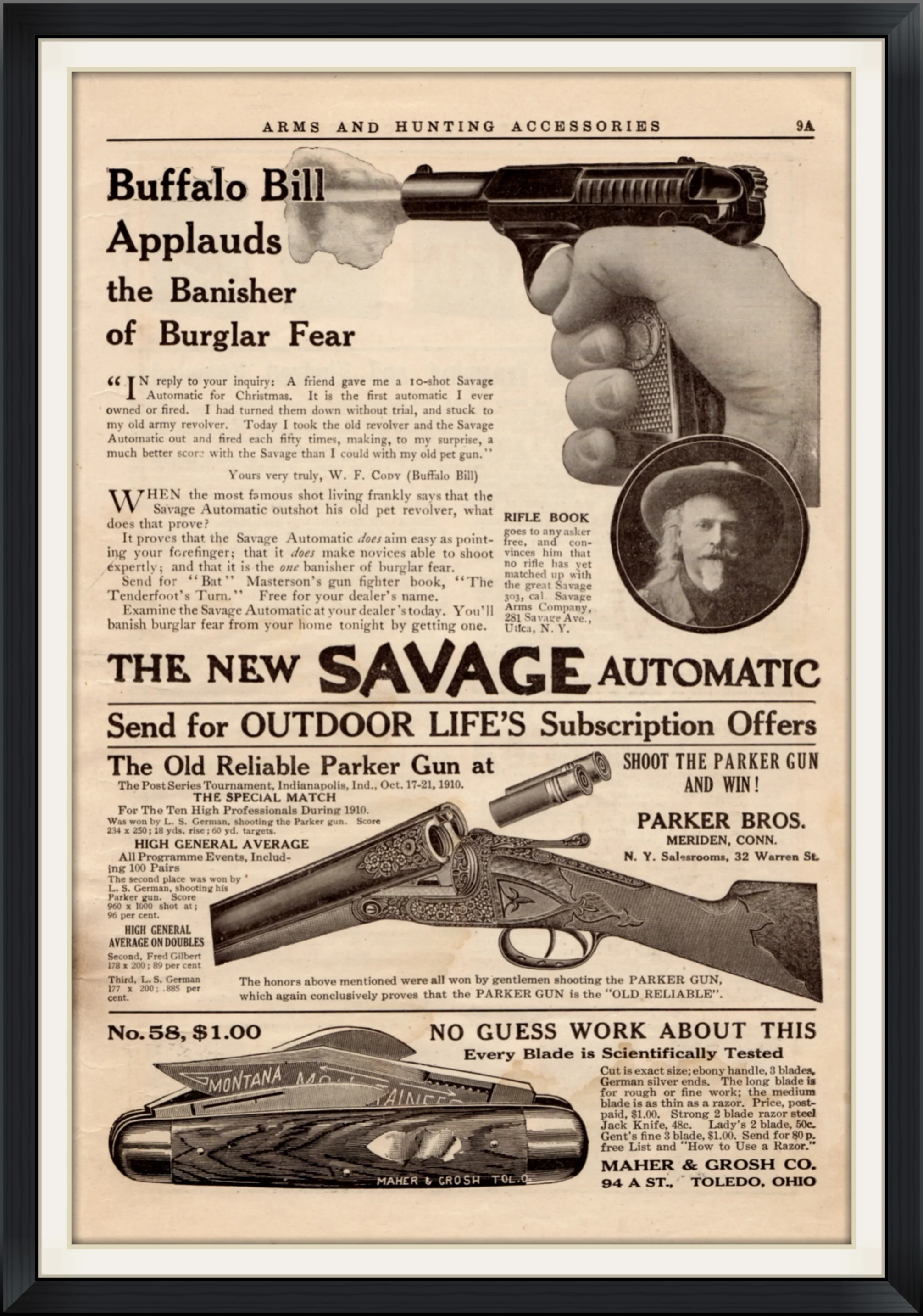 1910 - The New Savage Automatic Pistol - Buffalo Bill Applauds the Banisher of Burglar Fear - Savage Arms Company, Utica, New York - Endorsement, Advertisement Clipping 