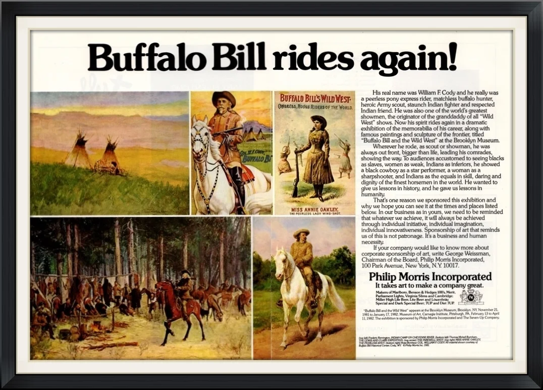 1982 - Buffalo Bill Rides Again! - Philip Morris Incorporated - It takes art to make a company great - Endorsement, Advertisement Clipping
