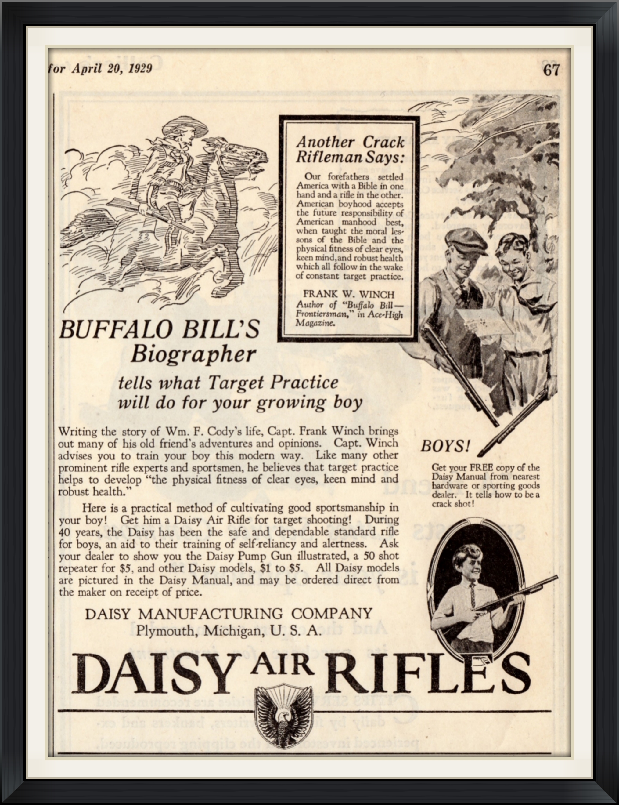 1929 - Daisy Air Rifles - Buffalo Bill's Biographer Tells What Target Practice will do for your Growing Boy - Endorsement, Advertisement Clipping