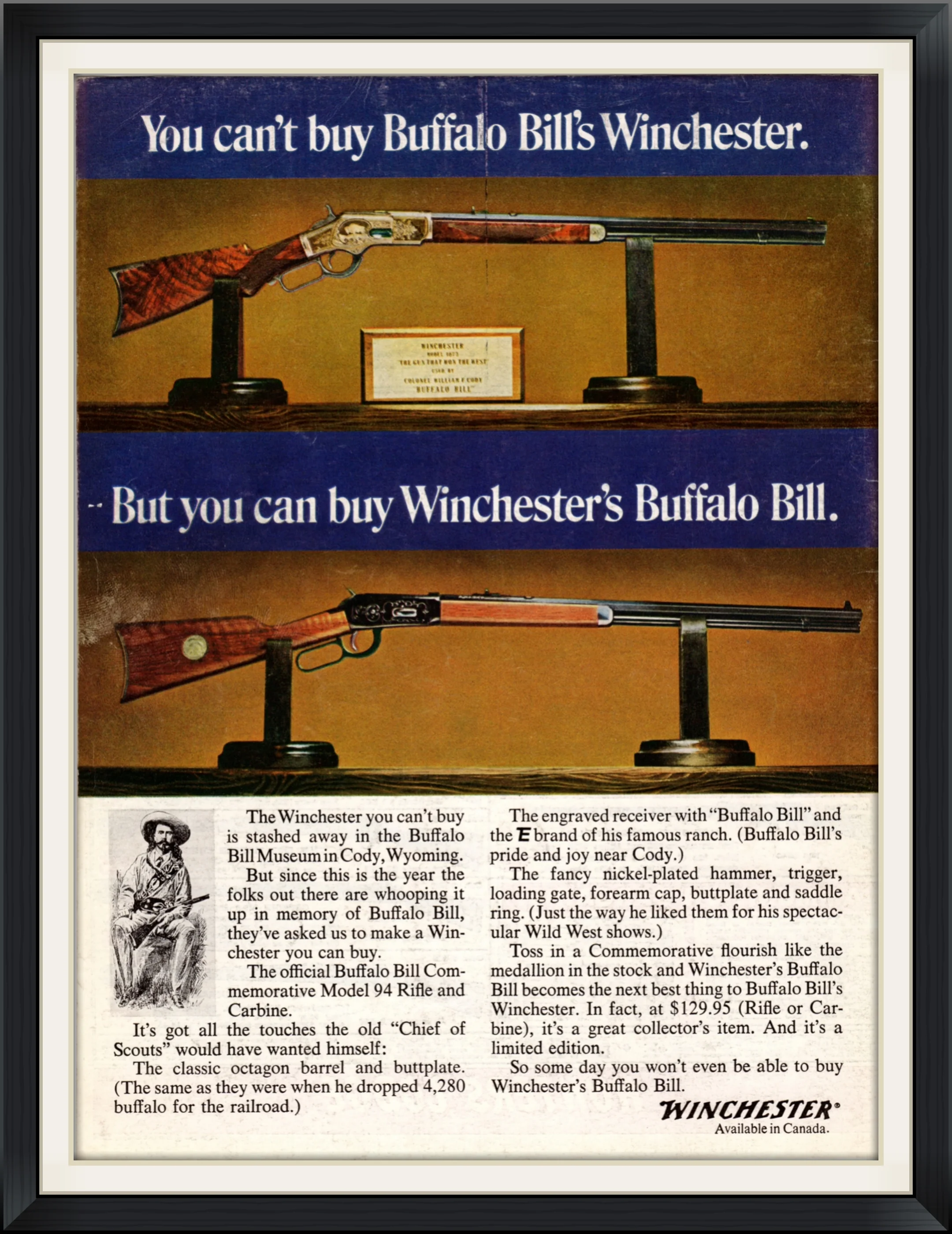 1968 - You Can't buy Buffalo Bill's Winchester, but you can buy Winchester's Buffalo Bill - Official Buffalo Bill Commemorative Model 94 Rifle and Carbine - Endorsement, Advertisement Clipping