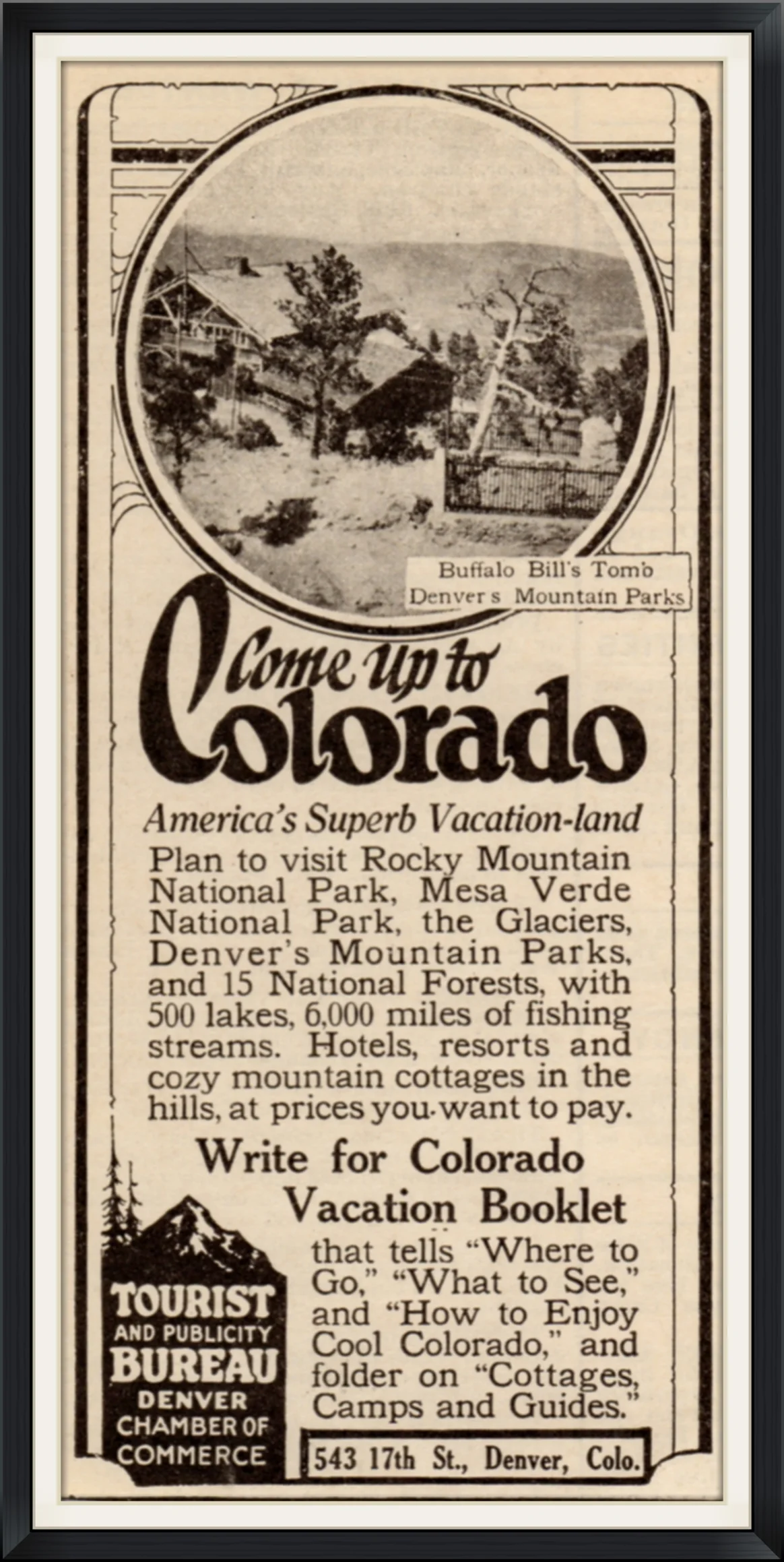 Come up to Colorado - Tourist and Publicity Bureau Denver Chamber of Commerce - Endorsement, Advertisement Clipping