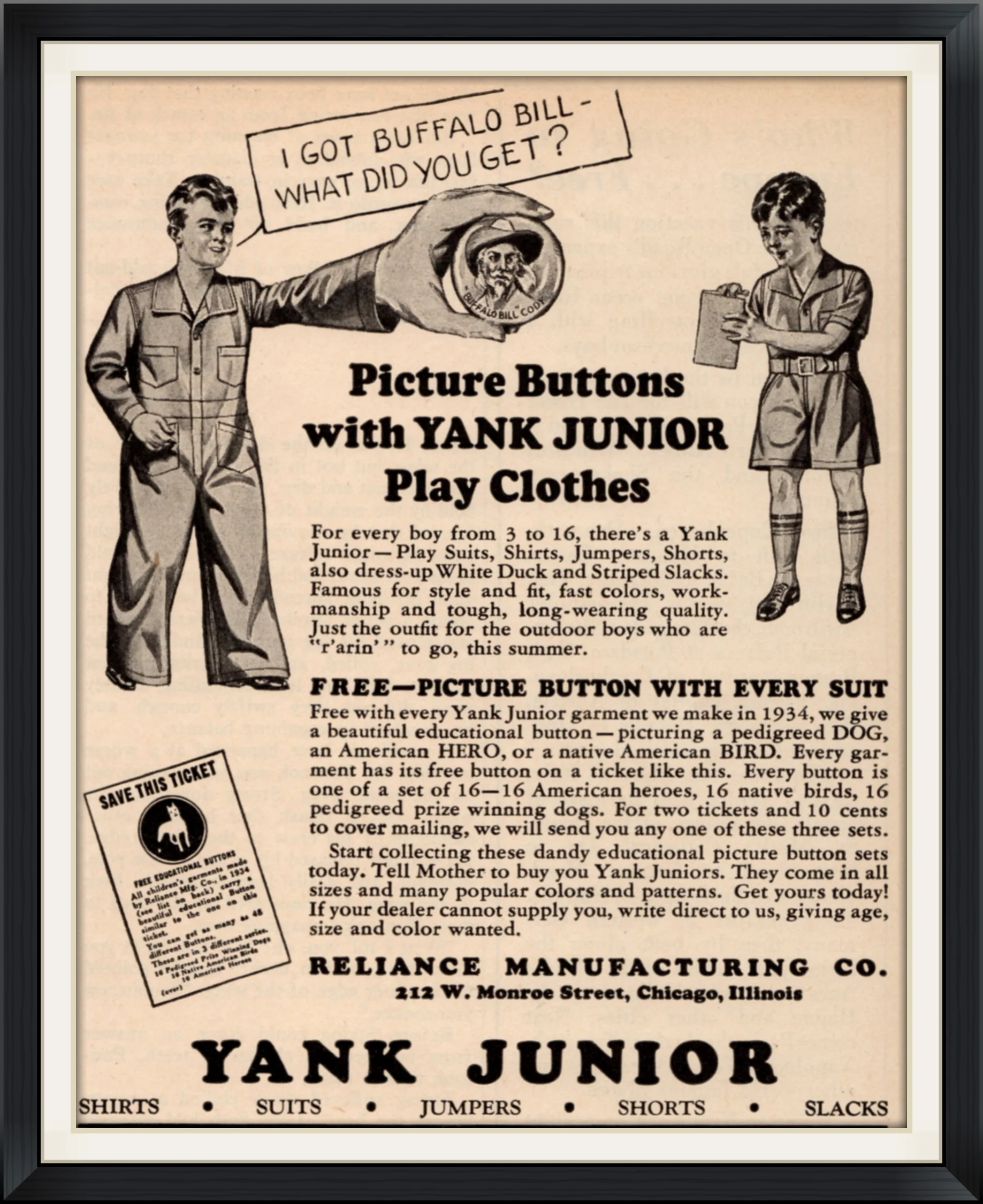 1934 - Picture Buttons with Yank Junior Play Clothes - I Got Buffalo Bill, What did you get? - Free Picture Button with Every Suit - Reliance Manufacturing Co. - Prize, Advertisement Clipping