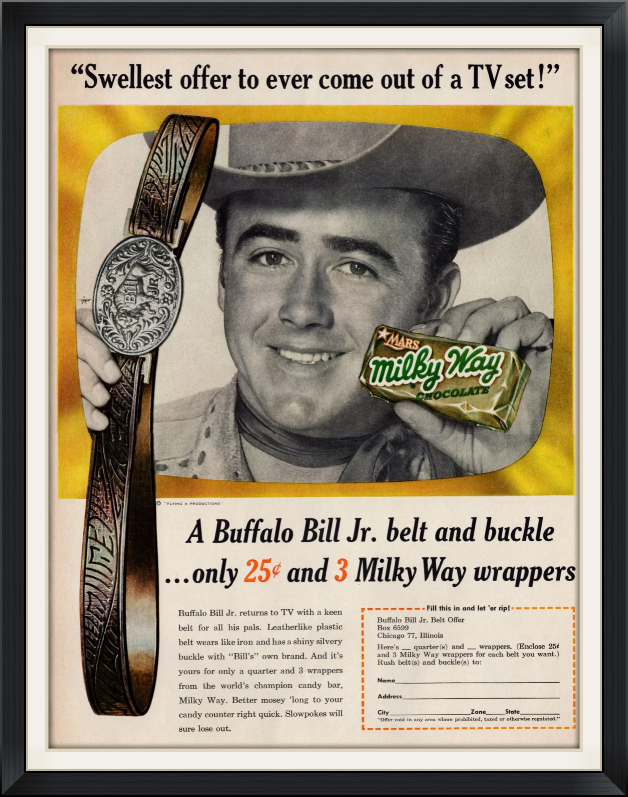 1955 - A Buffalo Bill Jr. Belt and Buckle - Only .25 Cents and 3 Milky Way Wrappers - "Swellest Offer to ever come out of a TV Set!" - Prize, Advertisement Clipping