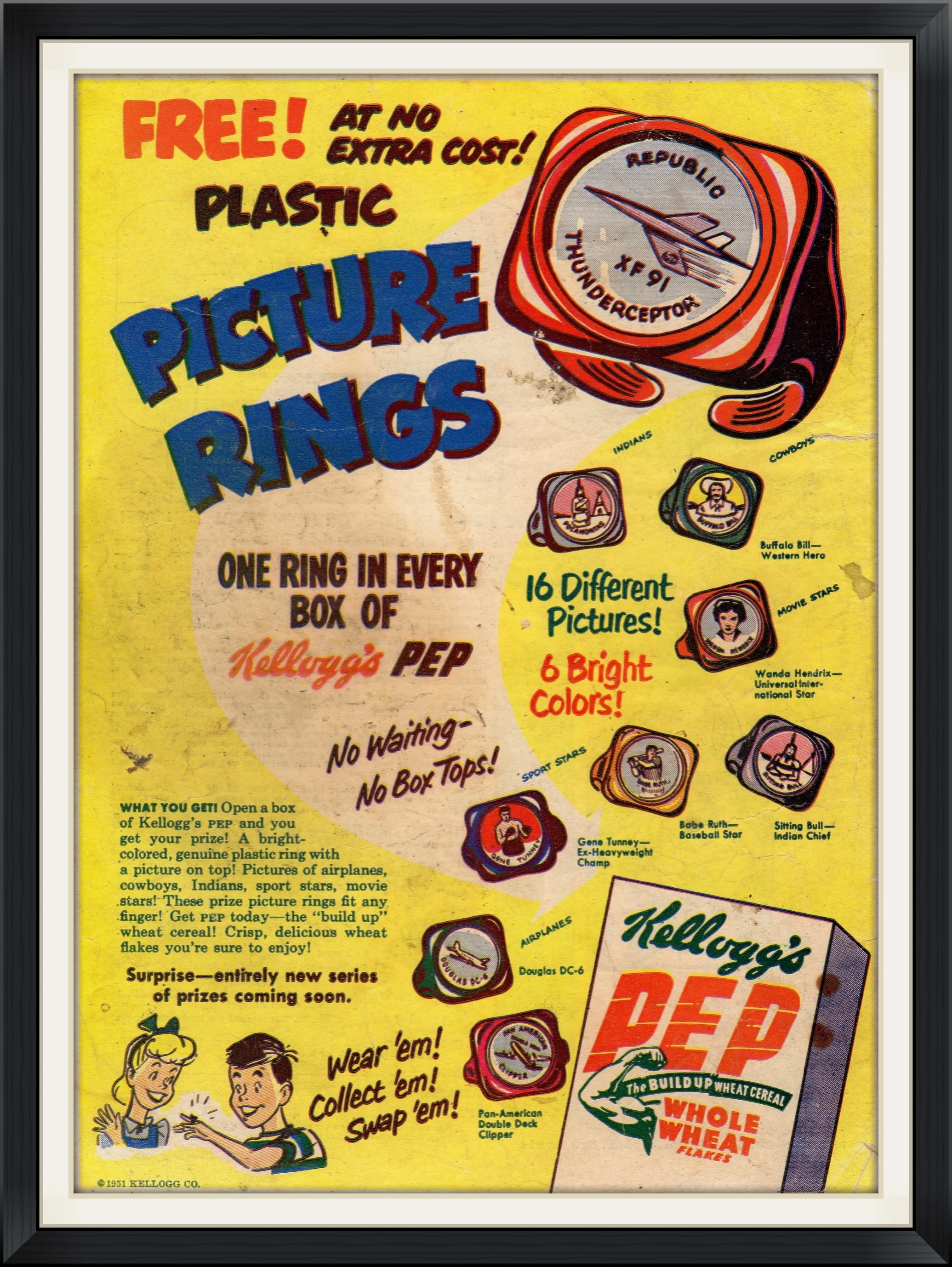 1951 - Plastic, Buffalo Bill (Western Hero), Picture Ring - Kellogs PEP Whole Wheat Flakes Cereal - Prize, Advertisement Clipping