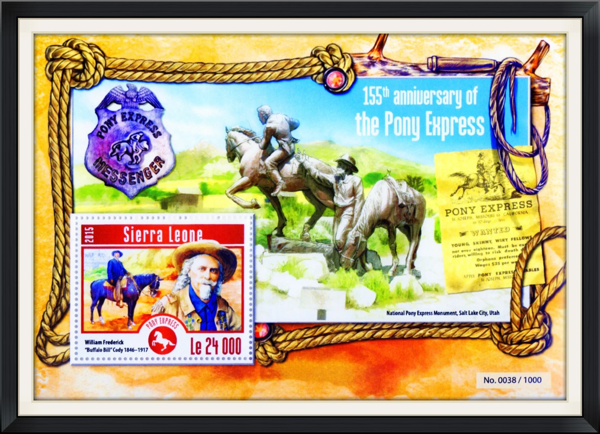 2015 - William Frederick "Buffalo Bill" Cody 1846-1917 - Sierra Leone, Africa - 155th Anniversary of the Pony Express - Le 24 000 - No. 0038/1000 - Unused, Postage Stamp