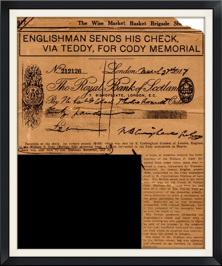 1917 - Englishman Sends his Check, Via Teddy, For Cody Memorial - Newspaper, Clipping Article