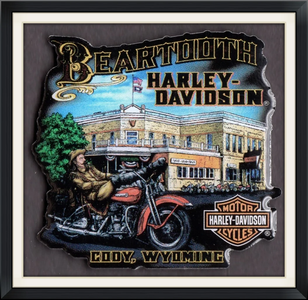 2012 - Beartooth Harley Davidson Motorcycles - Cody, Wyoming - Buffalo Bill on Bike - Made in China by Global Products Inc. - Metal, Souvenir, Double, Lapel Pin