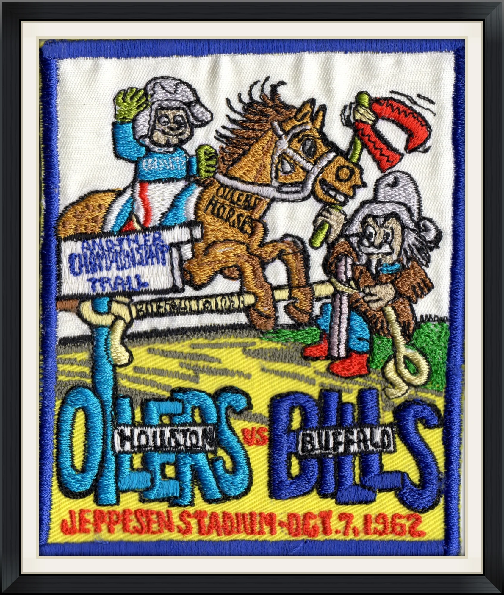 October 7th, 1962 - Houston Oilers Vs. Buffalo Bills - Jeppesen Stadium - Featuring Buffalo Bill Cody Mascot - Embroidered, Souvenir Patch