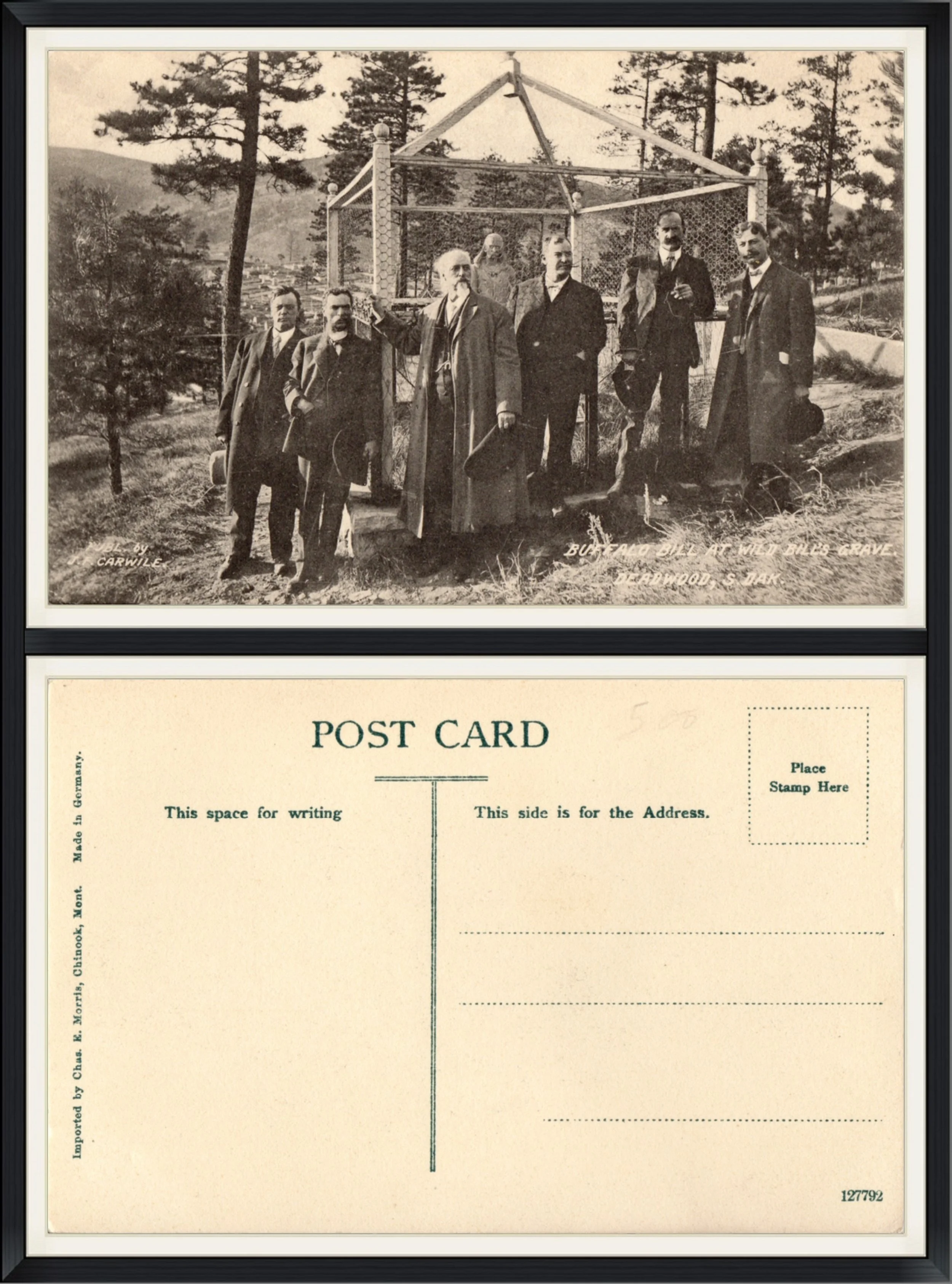 Printed Postcard of Buffalo Bill at Wild Bill's Grave in Deadwood, South Dakota. Published by J.F. Carwile #127792. Made in Germany. Unused & Unpostmarked.