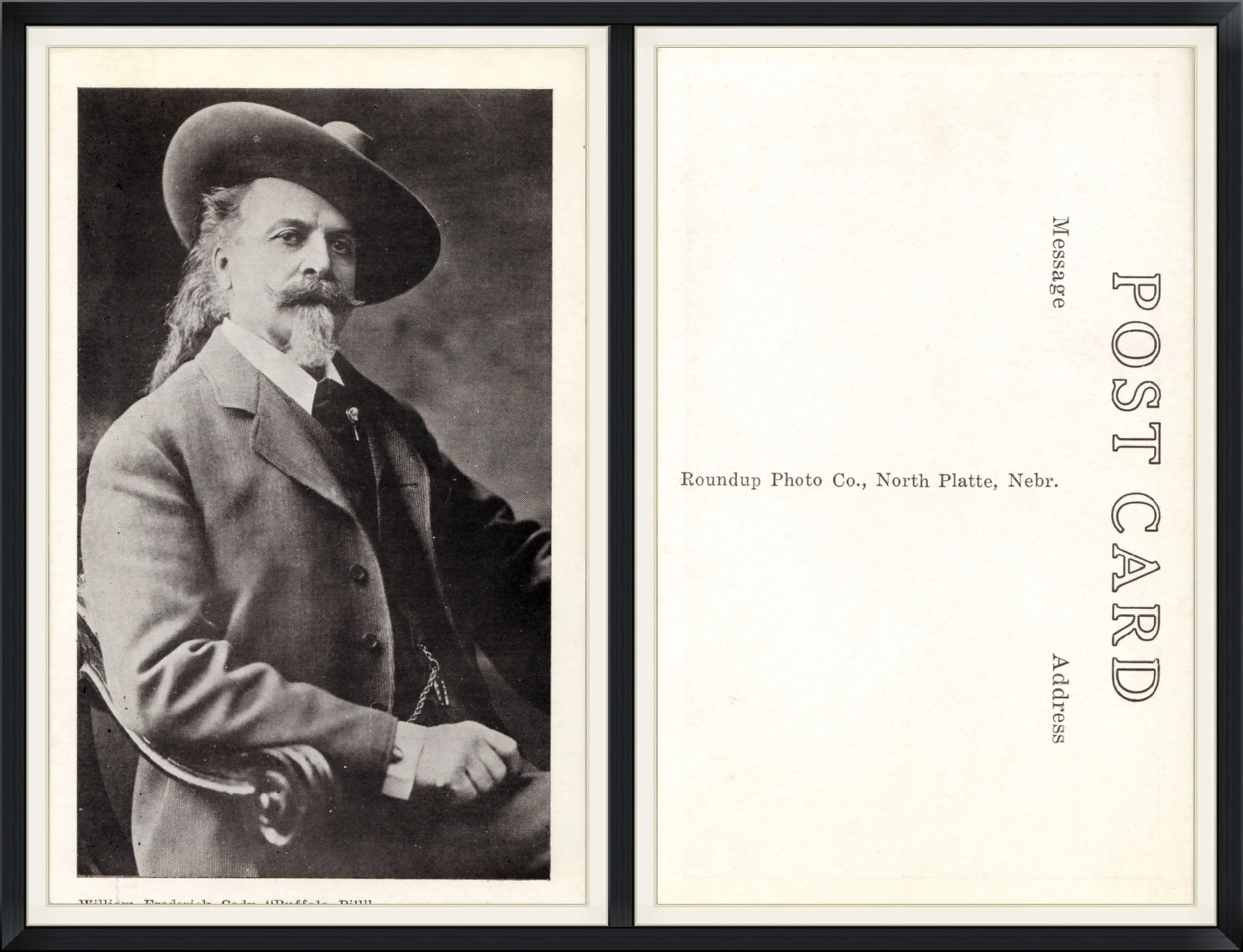 Printed Postcard of William Frederick Cody (Buffalo Bill). Roundup Photo Co., North Platte, Nebraska. Unused & Unpostmarked.