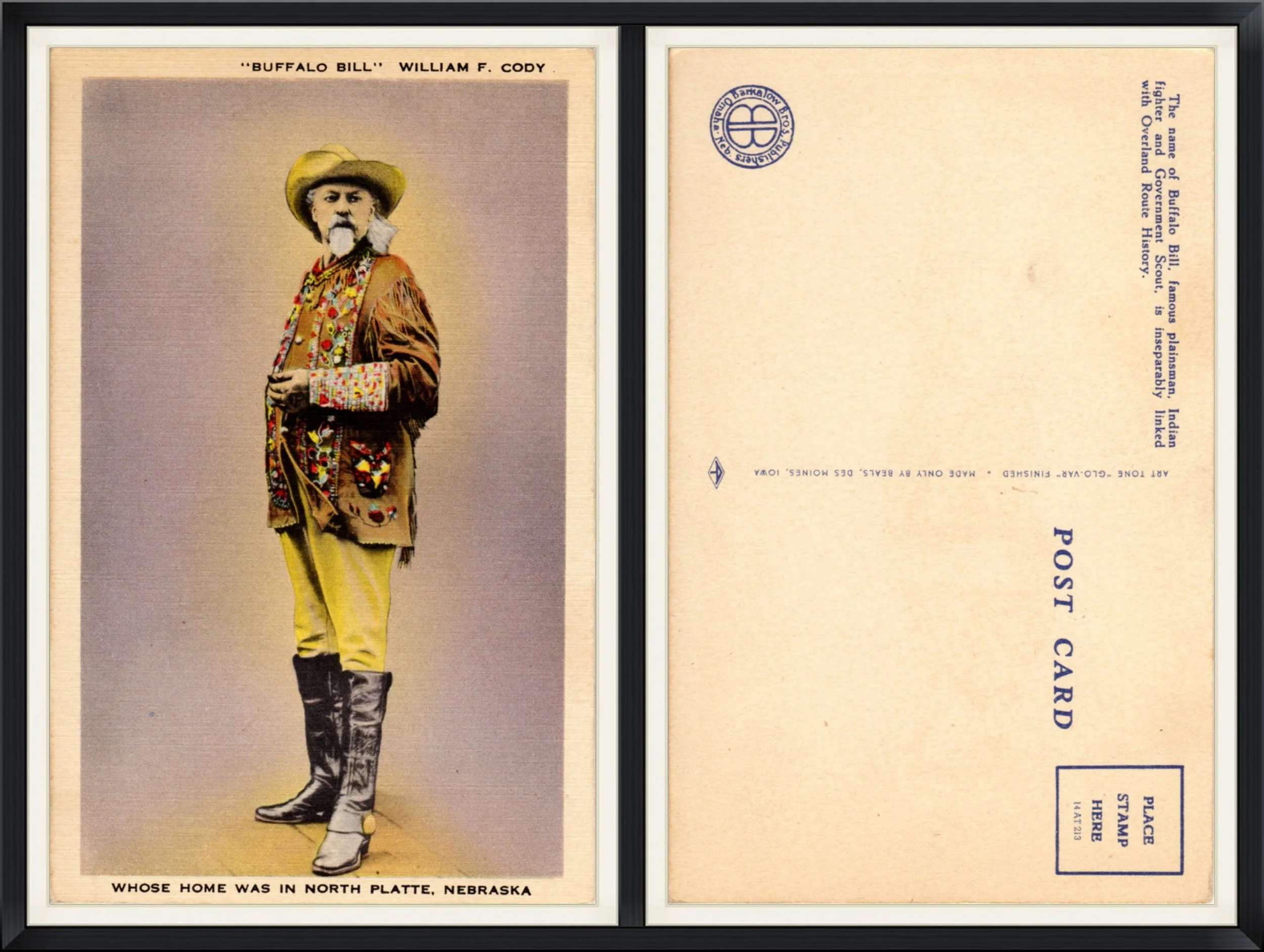 Printed Postcard of William F. Cody "Buffalo Bill" Whose Home was in North Platte, Nebraska. Barkalow Bro's, Publishers, Omaha, NE. Unused & Unpostmarked.