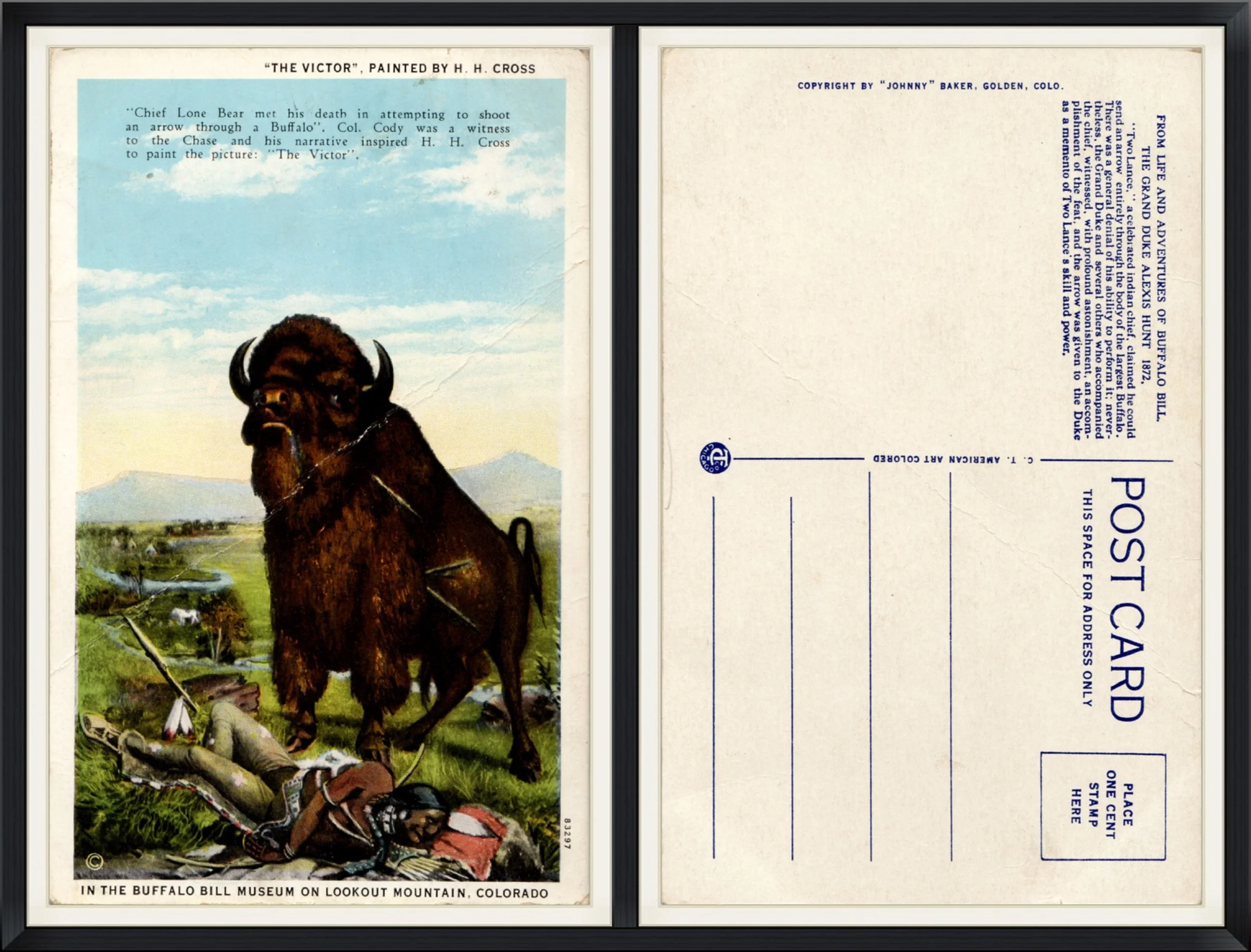 Printed Postcard of "The Victor." Painted by H. H. Cross. Displayed in the Buffalo Bill Museum on Lookout Mountain, CO. #83297. Unused & Unpostmarked.