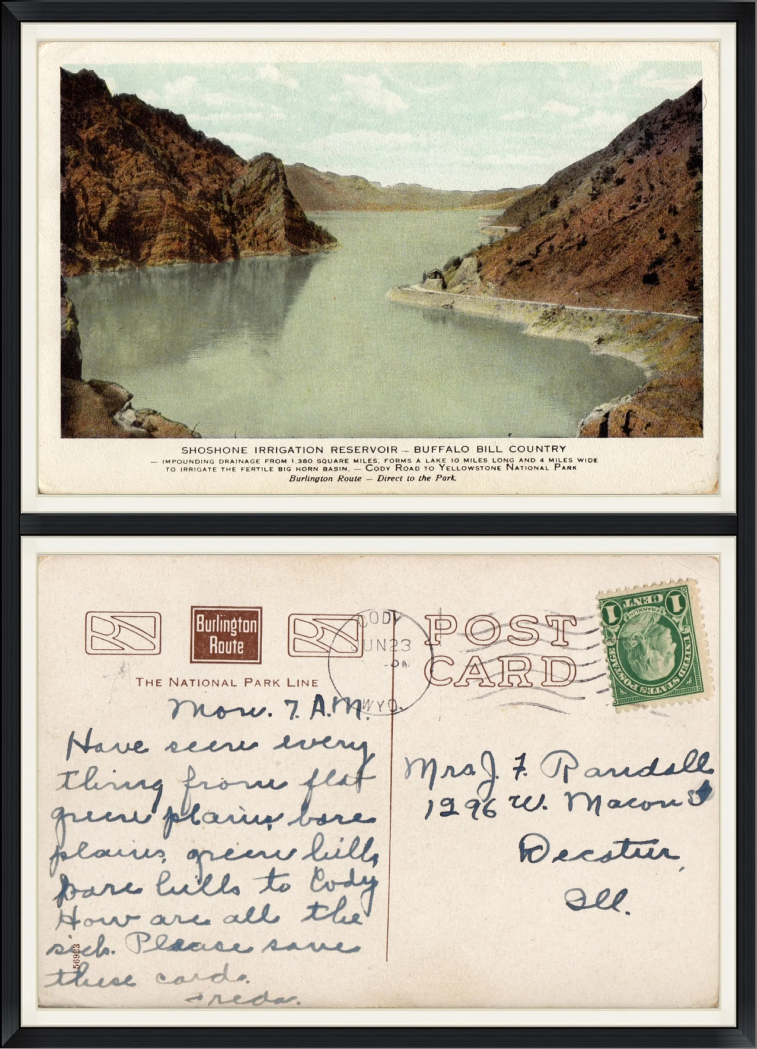 Printed Postcard of the Shoshone Irrigation Reservoir in Buffalo Bill Country. Burlington Route. Used & Postmarked on7/23/19?? from Cody, WY.