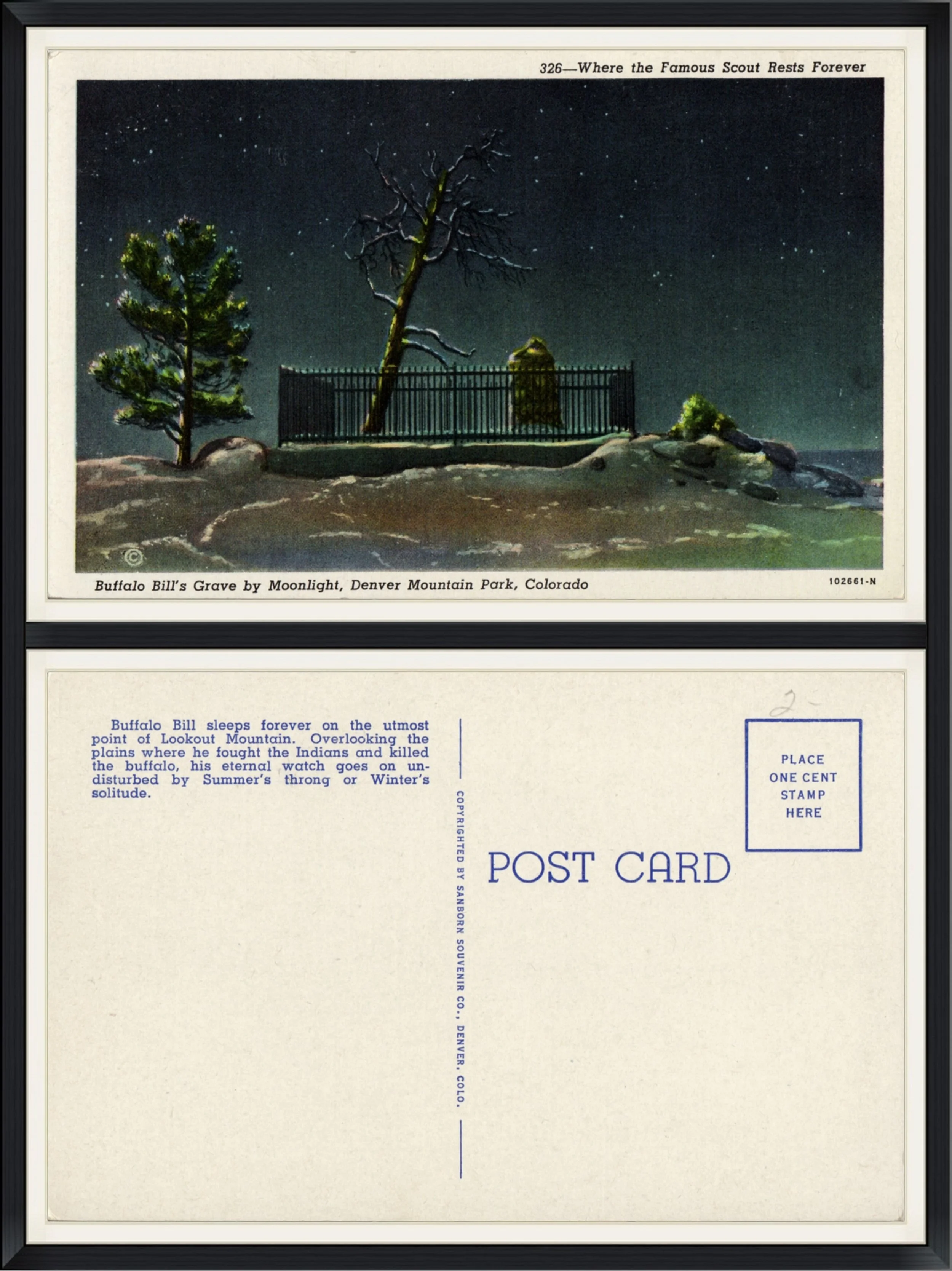 Printed Postcard of Buffalo Bill's Grave by Moonlight, Denver Mountain Park, CO. Where the Famous Scout Rests Forever. #326/102661-N. Unused & Unpostmarked.