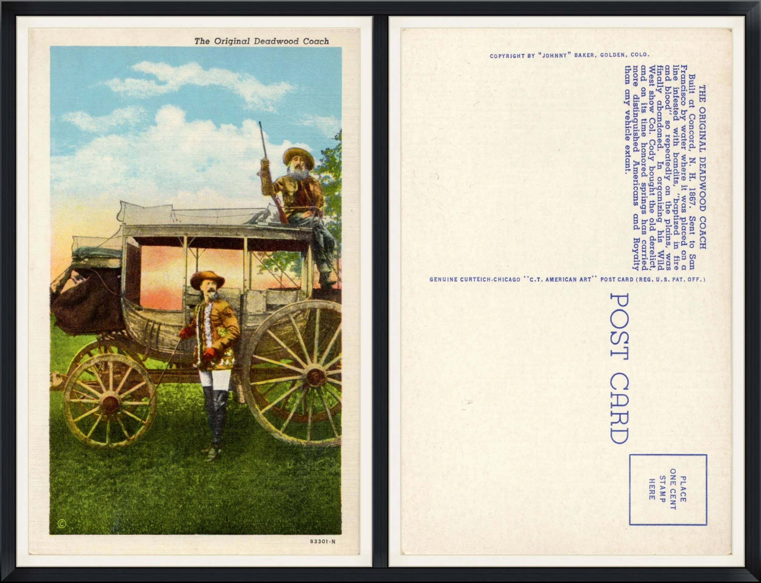 Printed Postcard of Buffalo Bill and the Original Deadwood Coach. #83301-N. Unused & Unpostmarked.