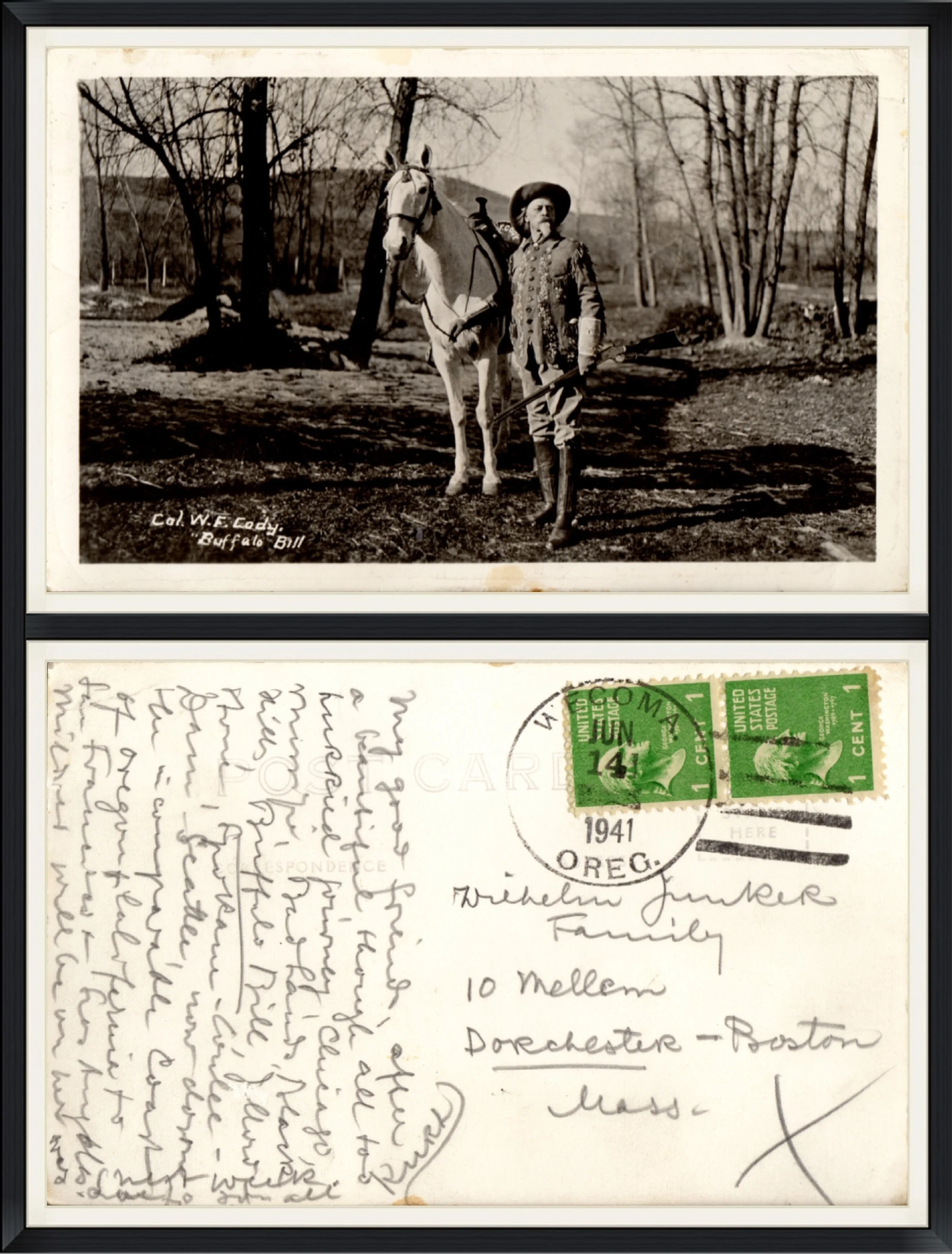 Real Photo Post Card of Col. W. F. Cody "Buffalo Bill" and his Horse, Isham. Used & Postmarked on 6/14/1941 from Wecoma, OR.