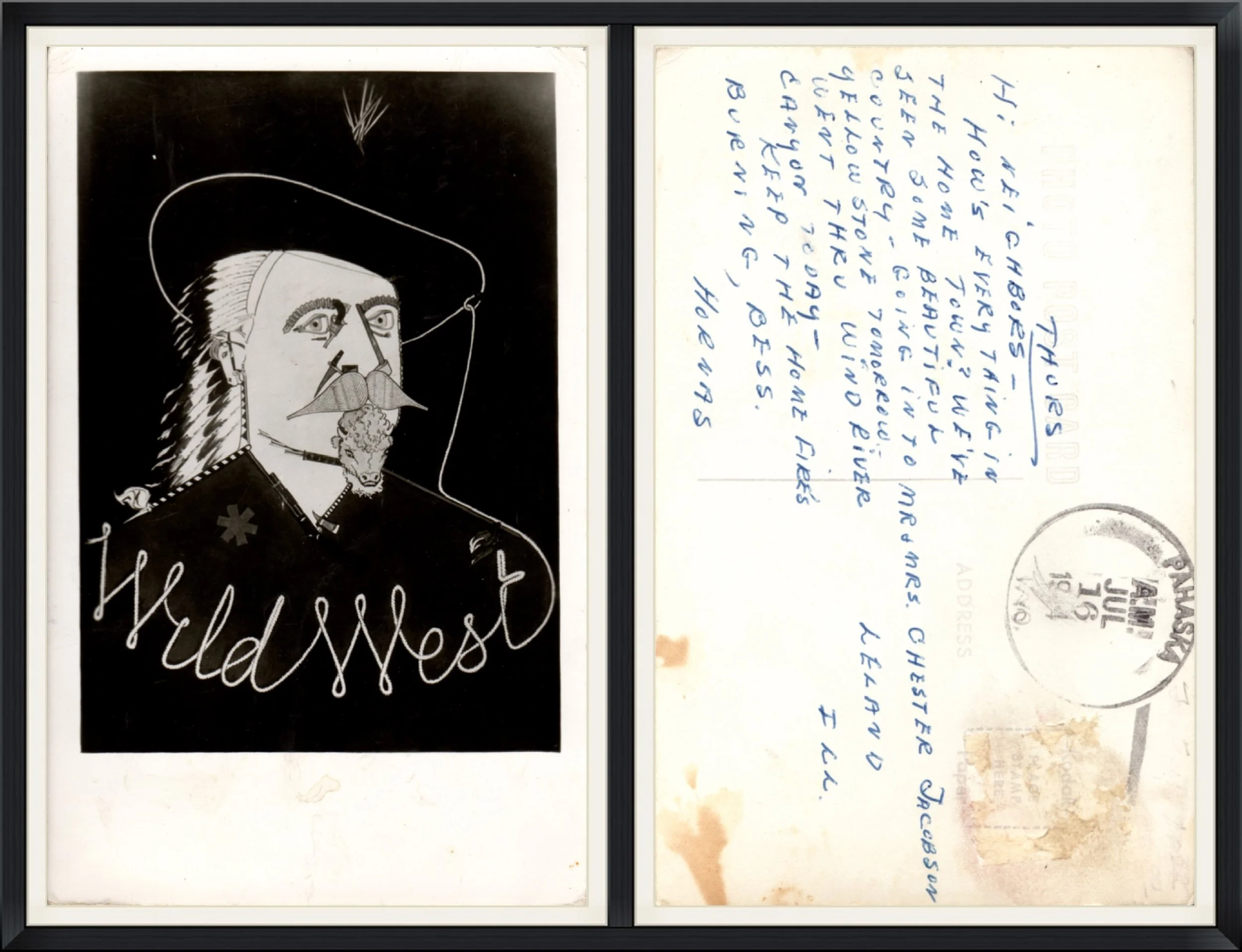 Real Photo Post Card of Buffalo Bill in Wild West Art. Kodak Paper. Used & Postmarked on 7/16/1944 from Pahaska, WY.