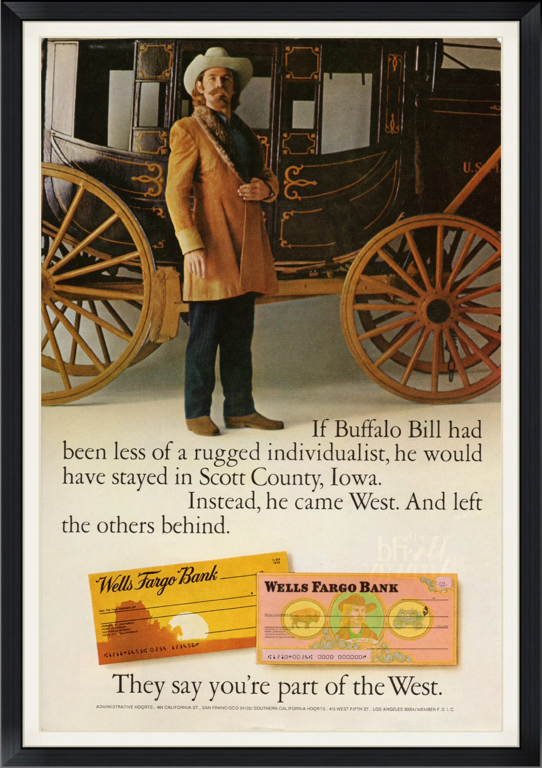 Buffalo Bill in Front of Wells Fargo Bank Stage Coach.  Magazine Advertisement/Endorsement.