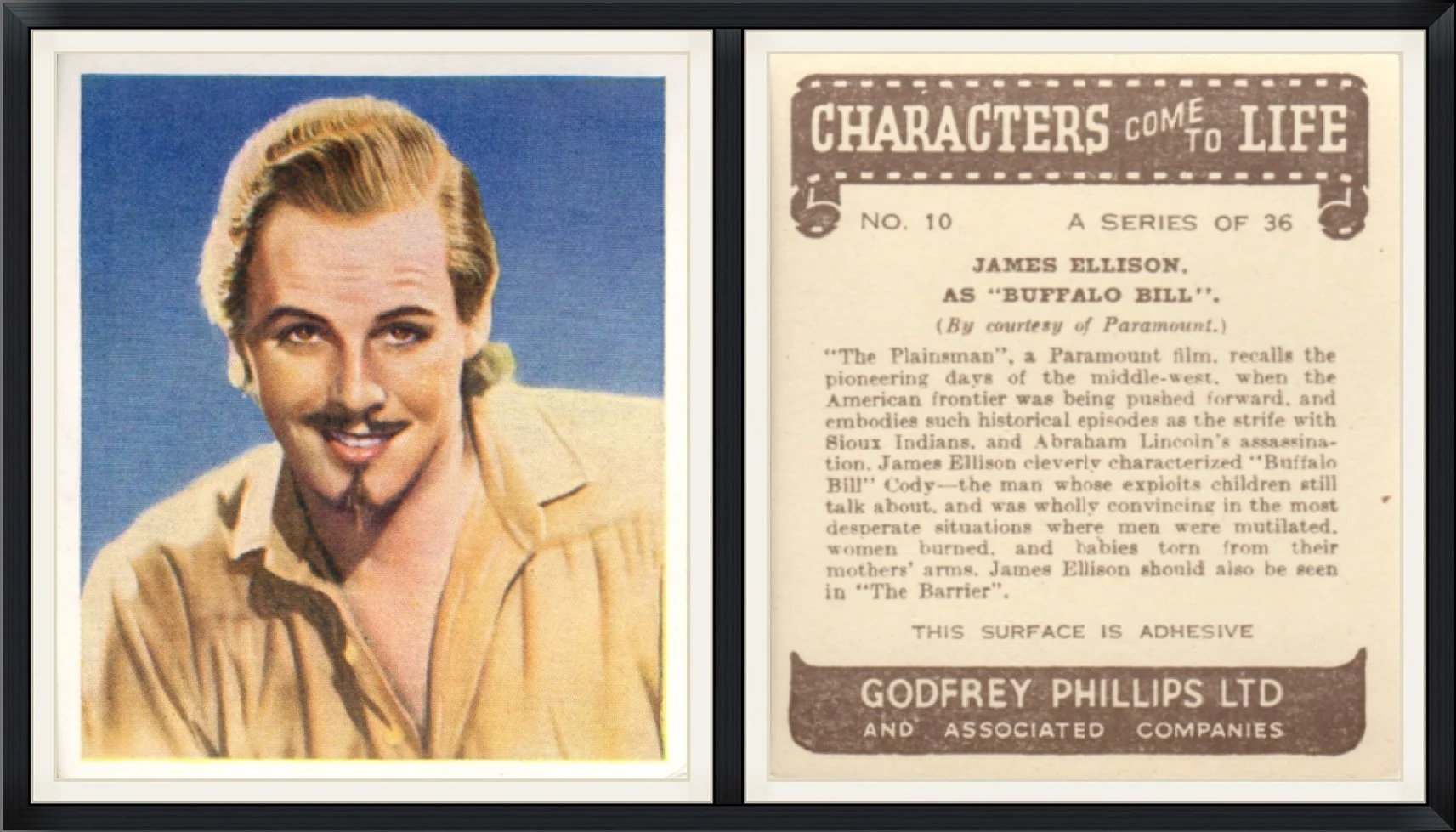 James Ellison as "Buffalo Bill" - Characters Come to Life - #10/36 - Godfrey Phillps Ltd - Collector, Trading Card
