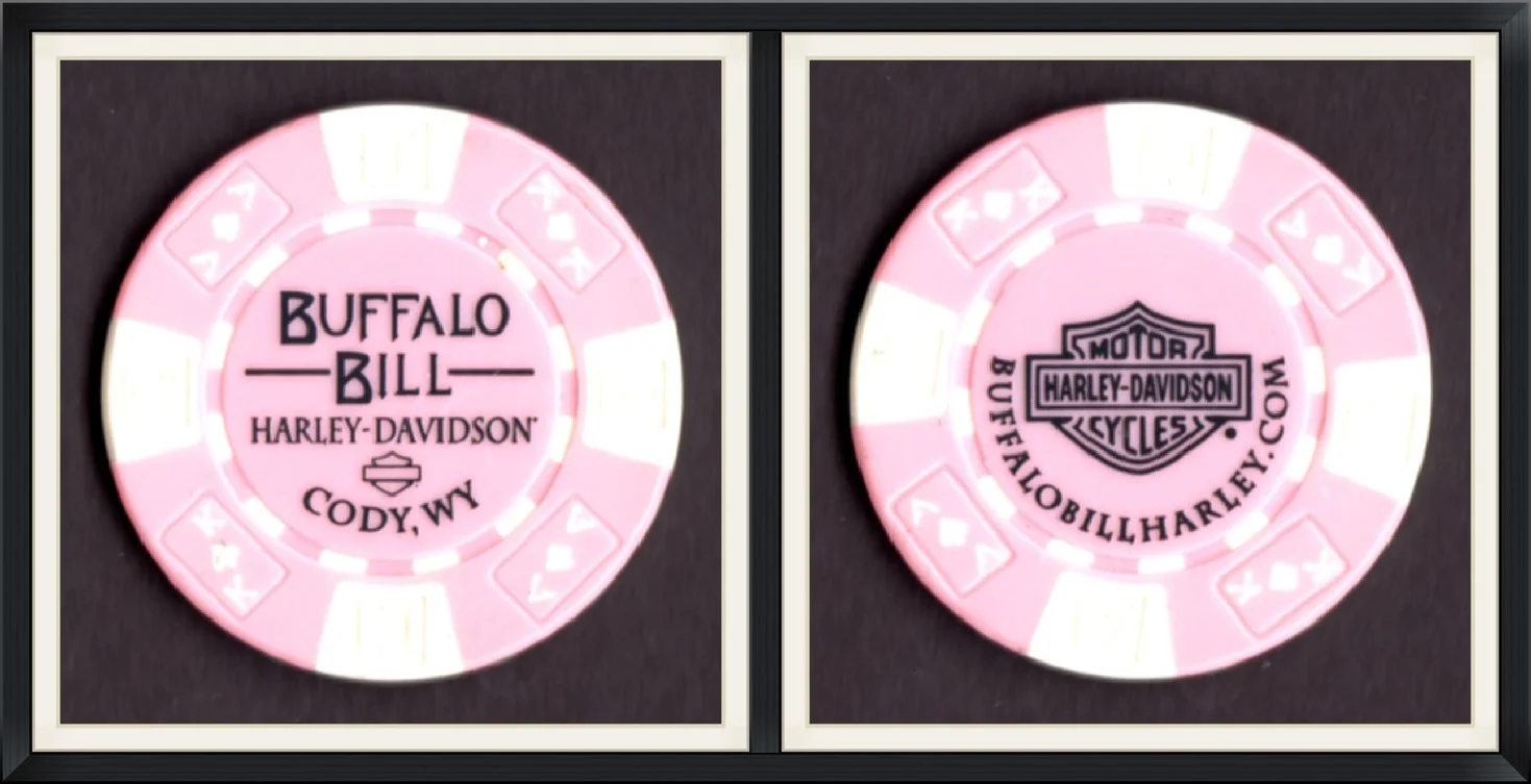 Buffalo Bill - Harley Davidson - Cody, Wy - BuffaloBillHarley.com - Pink/White Souvenir, Game Token/Poker Chip