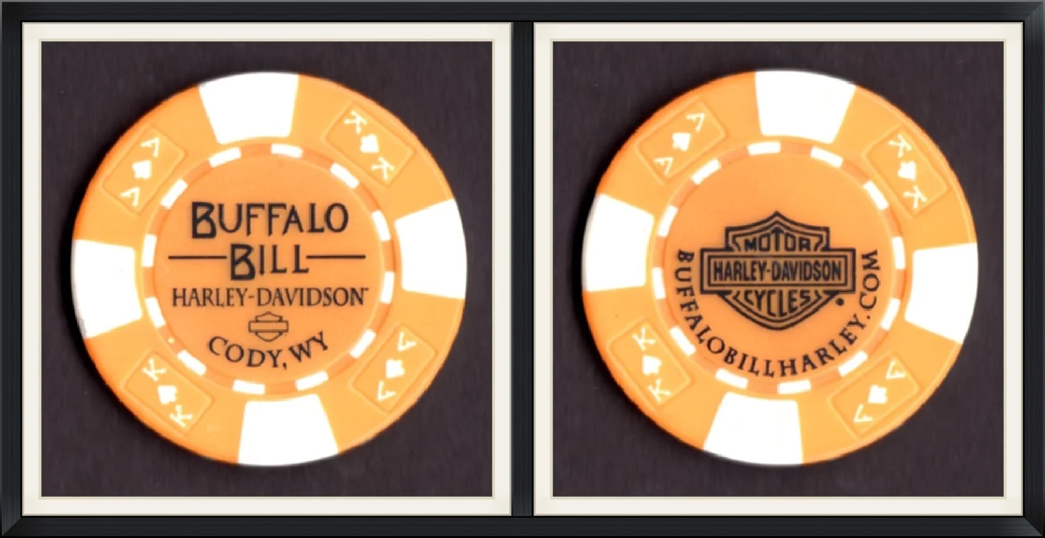 Buffalo Bill - Harley Davidson - Cody, Wy. - BuffaloBillHarley.com - Orange/White Souvenir, Game Token/Poker Chip
