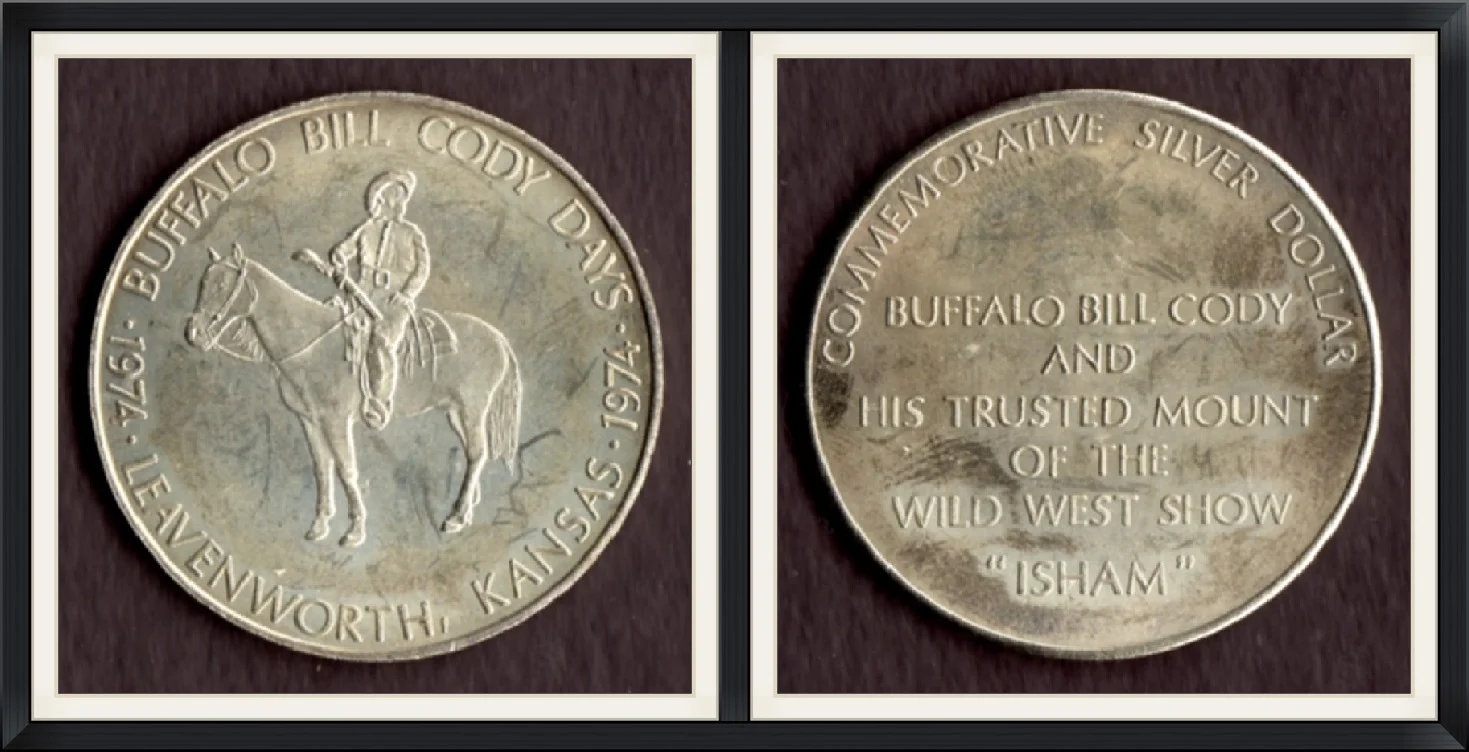 1974 - Buffalo Bill Cody Days - Leavenworth, Kansas - Commemorative Silver Dollar - Buffalo Bill Cody and His Trusted Mount of the Wild West Show "Isham" - Coin