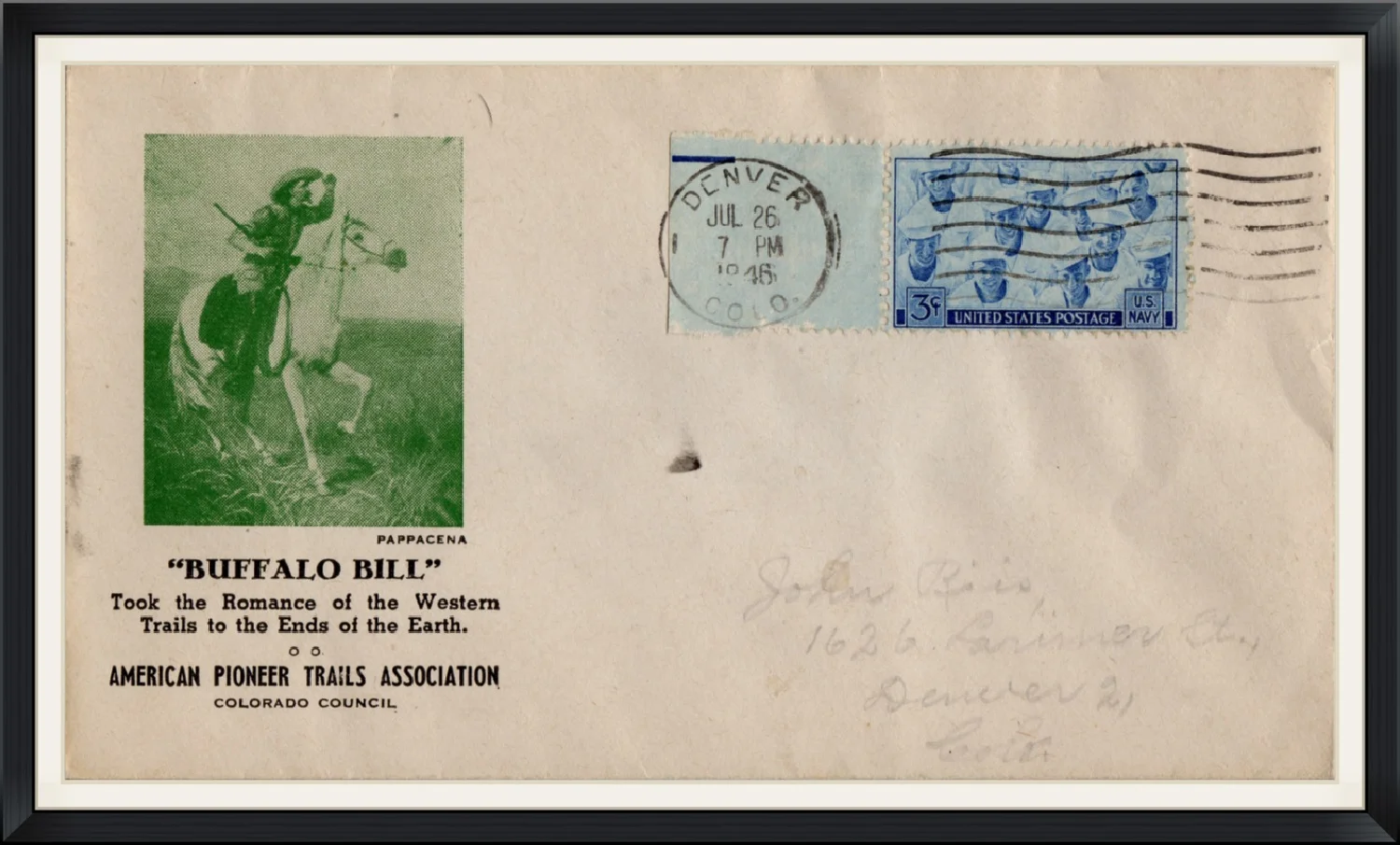 1946 - Postmarked in Denver, CO - Buffalo Bill - Centennial - Commemorative Cover/Envelope