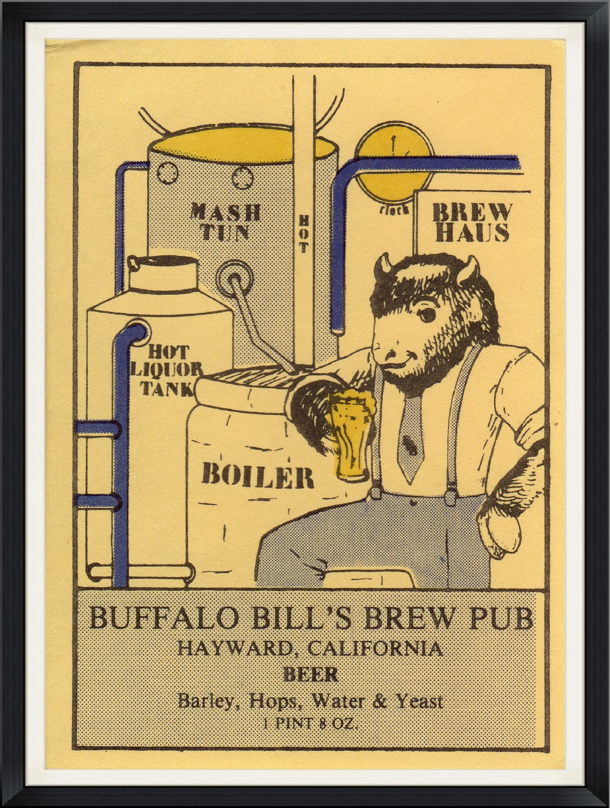 Buffalo Bill's Brew Pub - Hayward, California - Beer, Barley, Hops, Water & Yeast - Beer Label