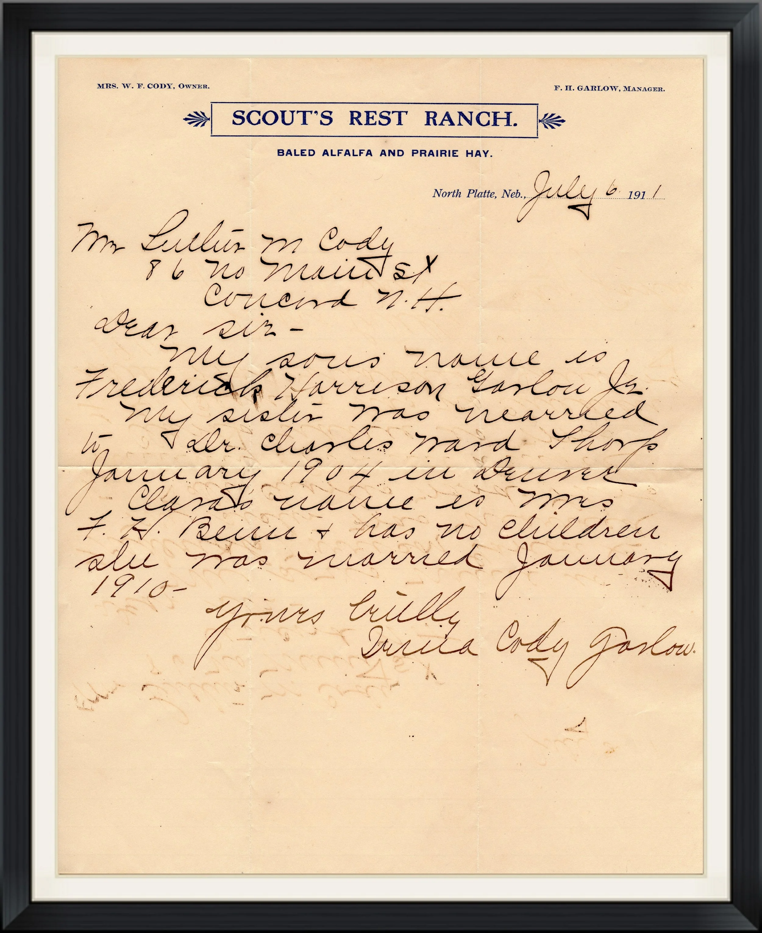 1911 - Hand Written Letter From Buffalo Bill's Daughter, Irma Cody Garlow - Scout's Rest Ranch, Owned By Buffalo Bill's Wife, Mrs. W. F. Cody (Louisa Frederici) - Historical Letter