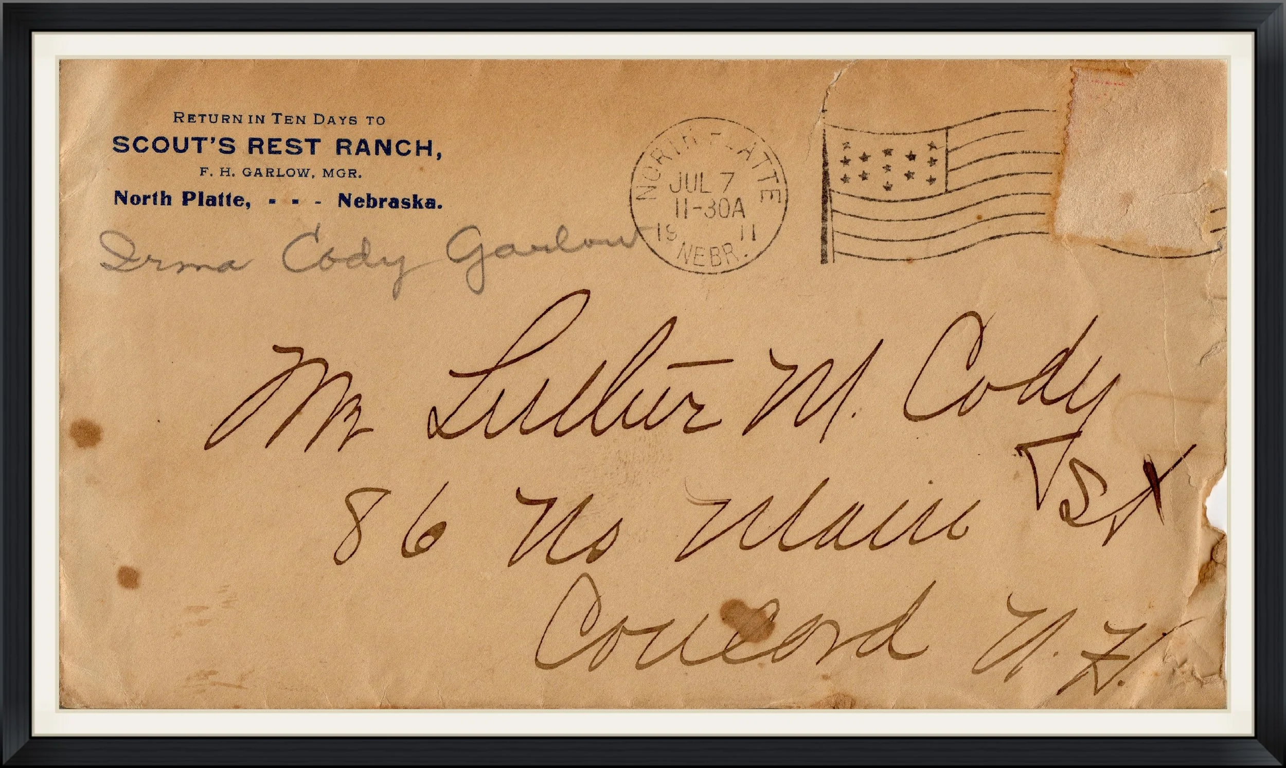 1911 - Hand Written Envelope From Buffalo Bill's Daughter, Irma Cody Garlow - Scout's Rest Ranch, North Platte, NE - Historical Envelope