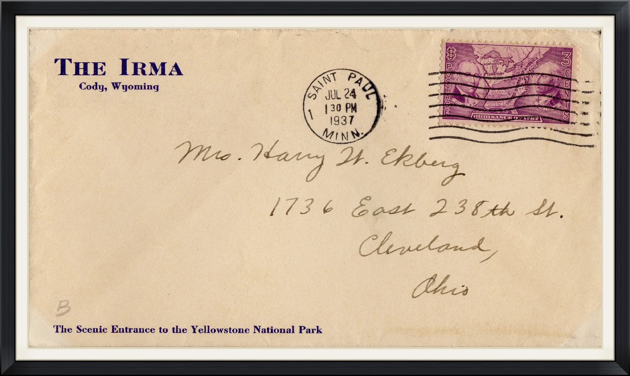 1937 - Postmarked in Saint Paul, MN - The Irma, Cody, Wyoming - Historical Envelope