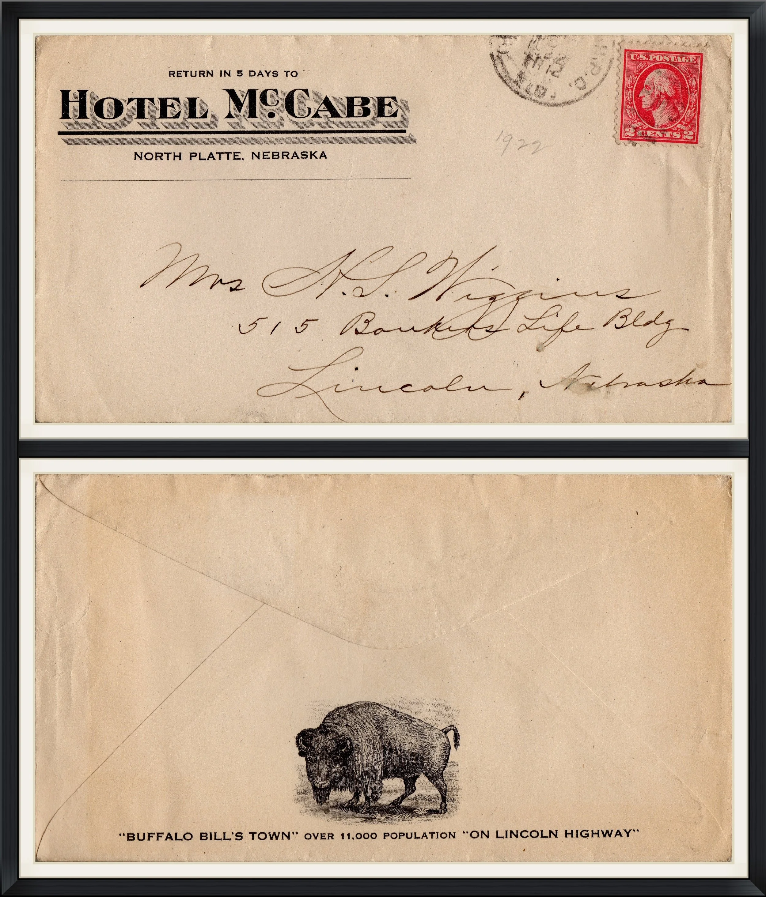 1922 - Hotel McCabe, North Platte, Nebraska - "Buffalo Bill's Town" - Historical Envelope
