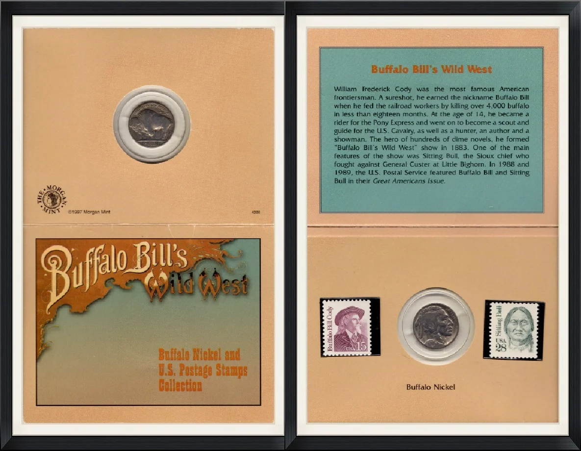 1997 - Buffalo Bill's Wild West - The Morgan Mint Buffalo Nickel And US Postal Stamps Collection - Collector Coin/Stamp Card