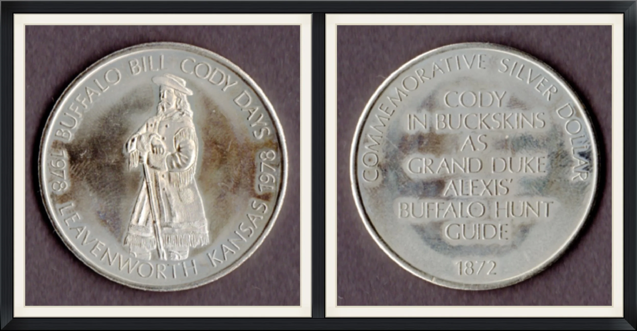 1978 - Buffalo Bill Cody Days - Leavenworth, Kansas - Commemorative Silver Dollar - Cody in Buckskins as Grand Duke Alexis' Buffalo Hunt Guide 1872 - Coin