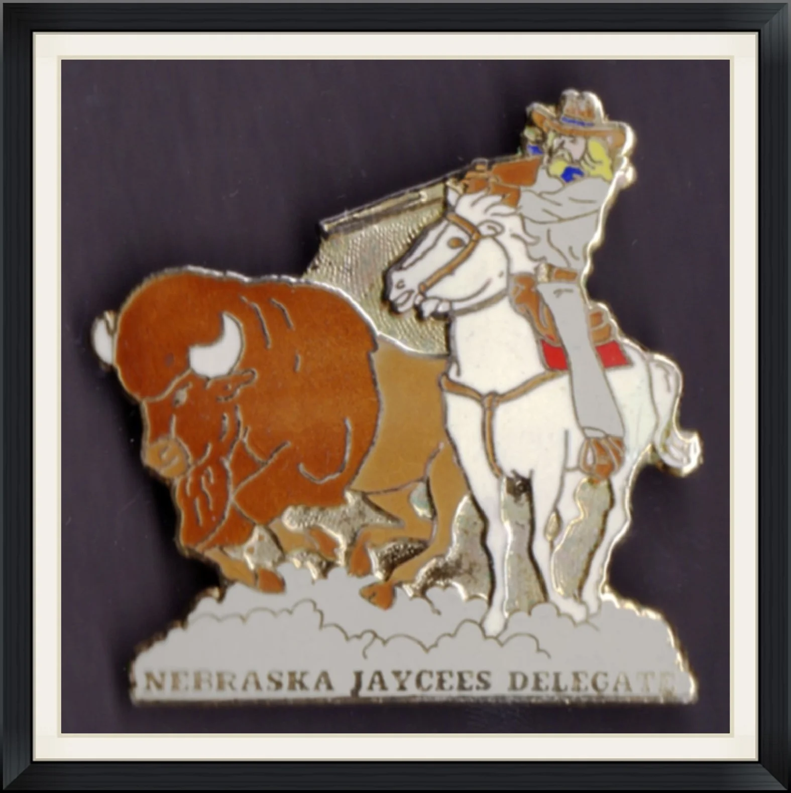 Buffalo Bill on Horse Shooting a Buffalo - Nebraska Jaycees Delegate - Pinback Button