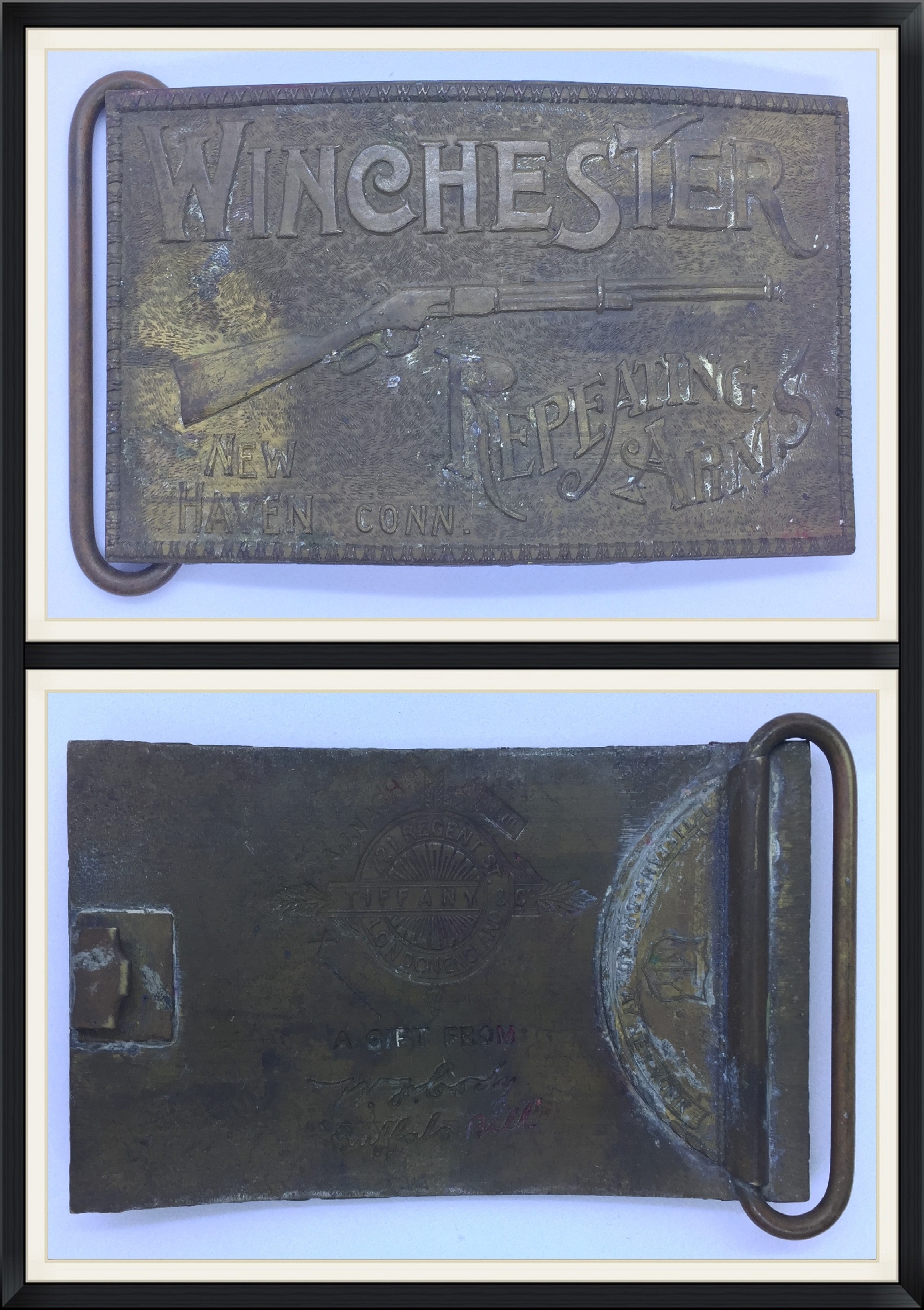 Winchester - Repeating Arms - New Haven, Conneticut - A Gift From William F. Cody "Buffalo Bill" - Tiffany & Co., 221 Regent Street, London, England - Belt Buckle