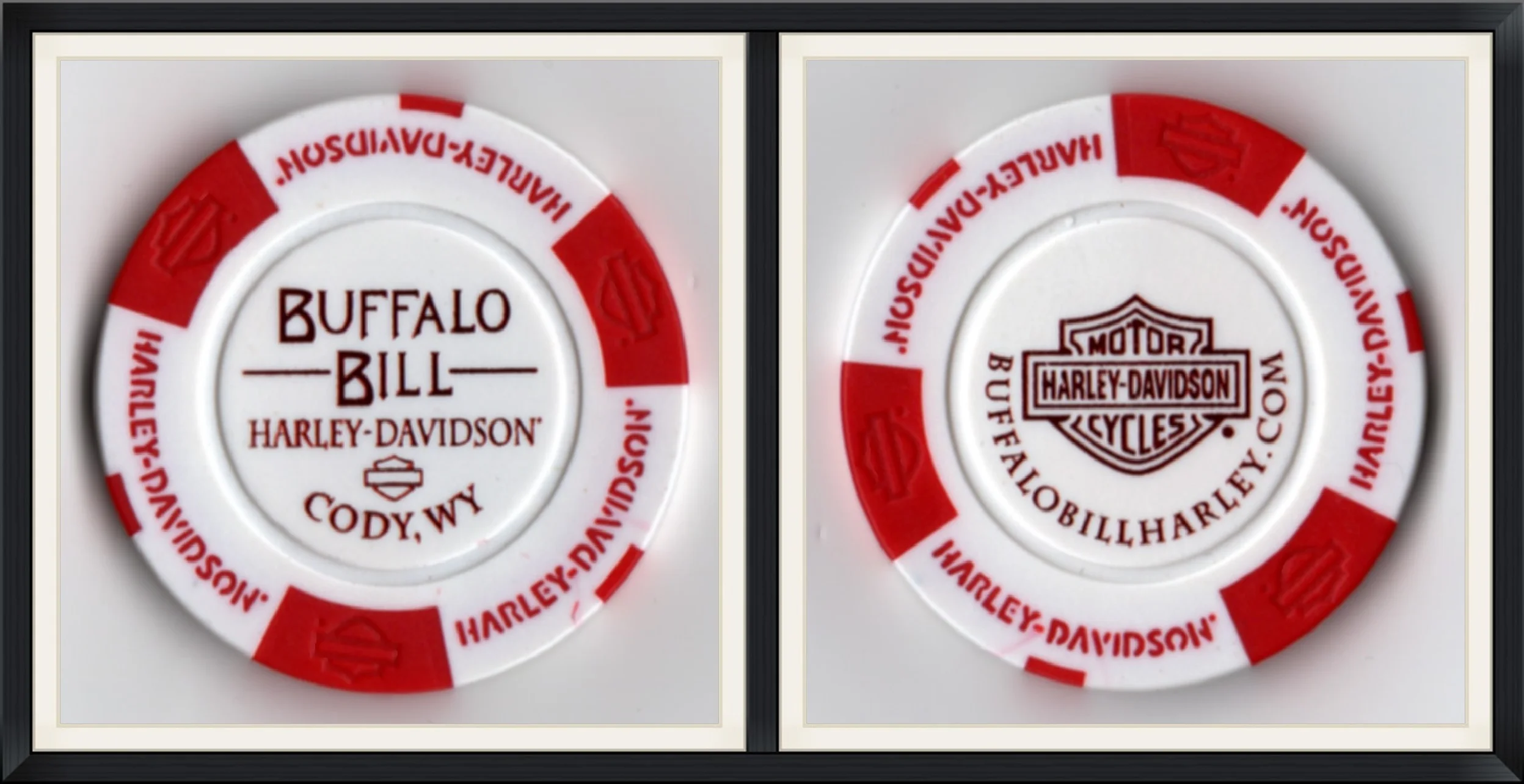 Buffalo Bill - Harley Davidson - Cody, Wy - BuffaloBillHarley.com - White & Red Souvenir, Game Token/Poker Chip