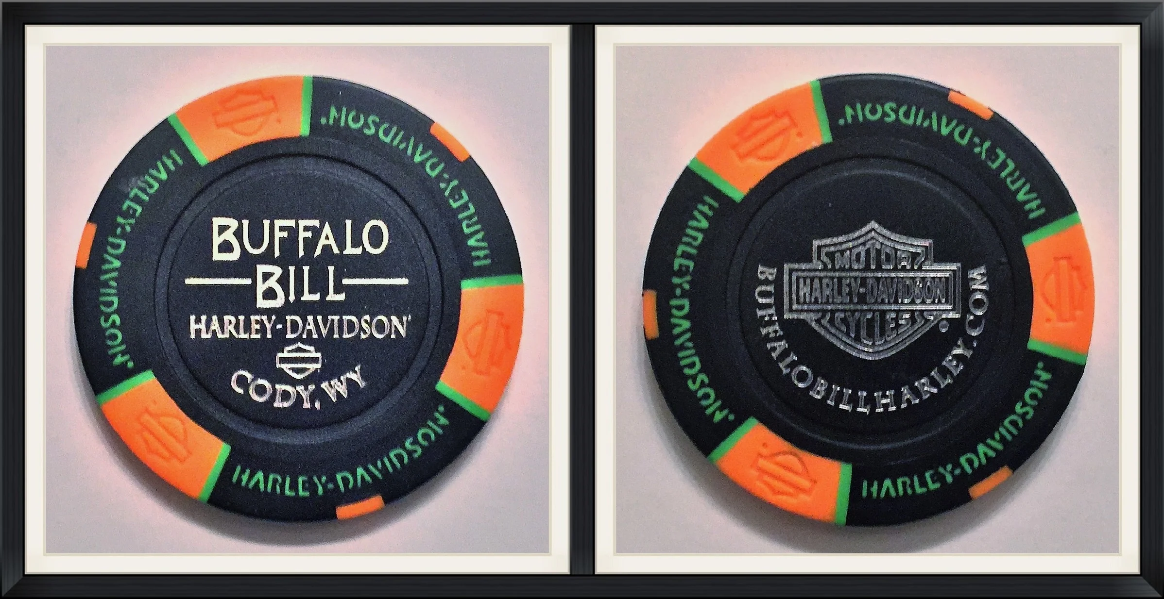 Buffalo Bill - Harley Davidson - Cody, Wy - BuffaloBillHarley.com - Black & Orange Souvenir, Game Token/Poker Chip