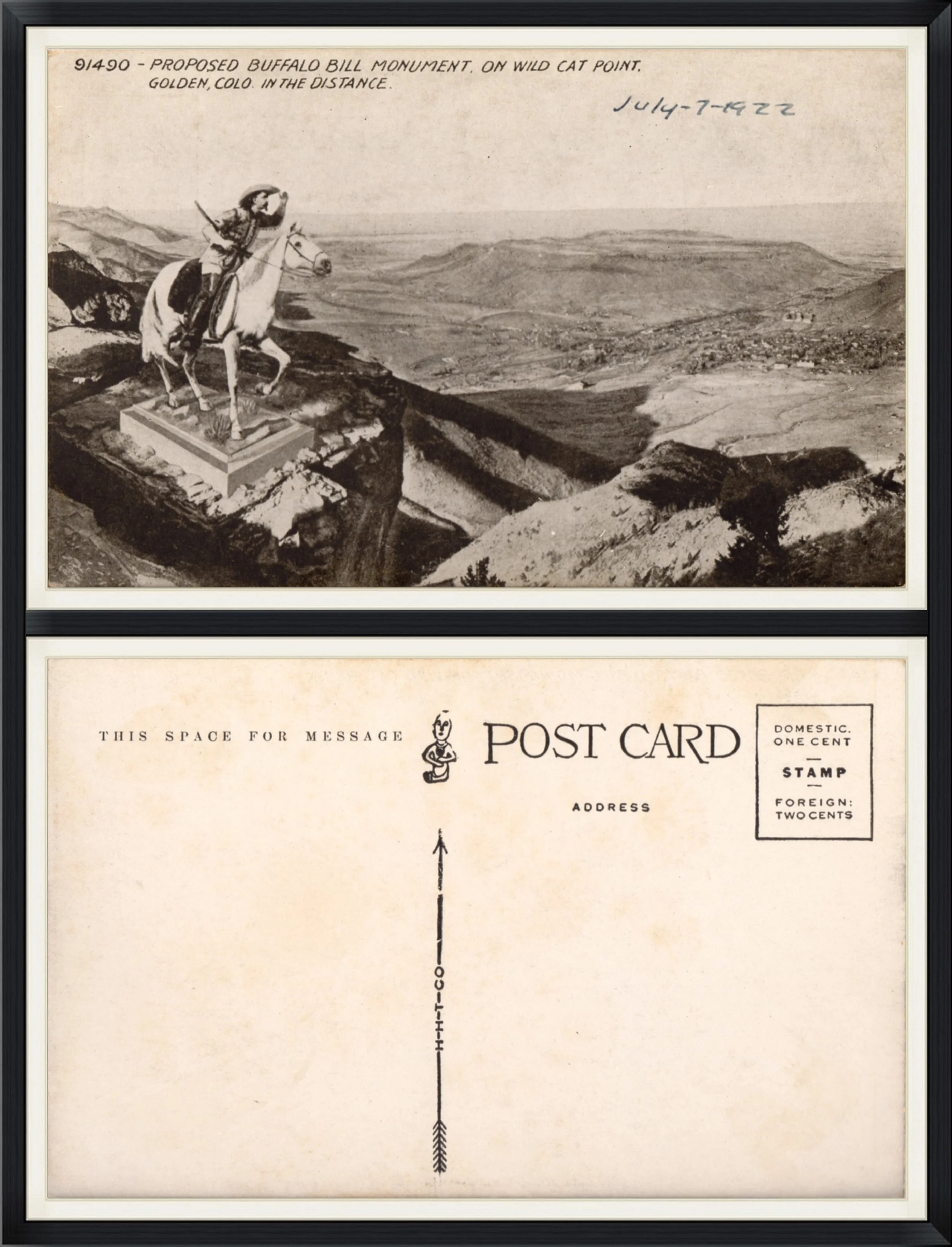 1922 - Proposed Buffalo Bill Monument on Wild Cat Point - Golden Colorado in the Distance - Printed Postcard