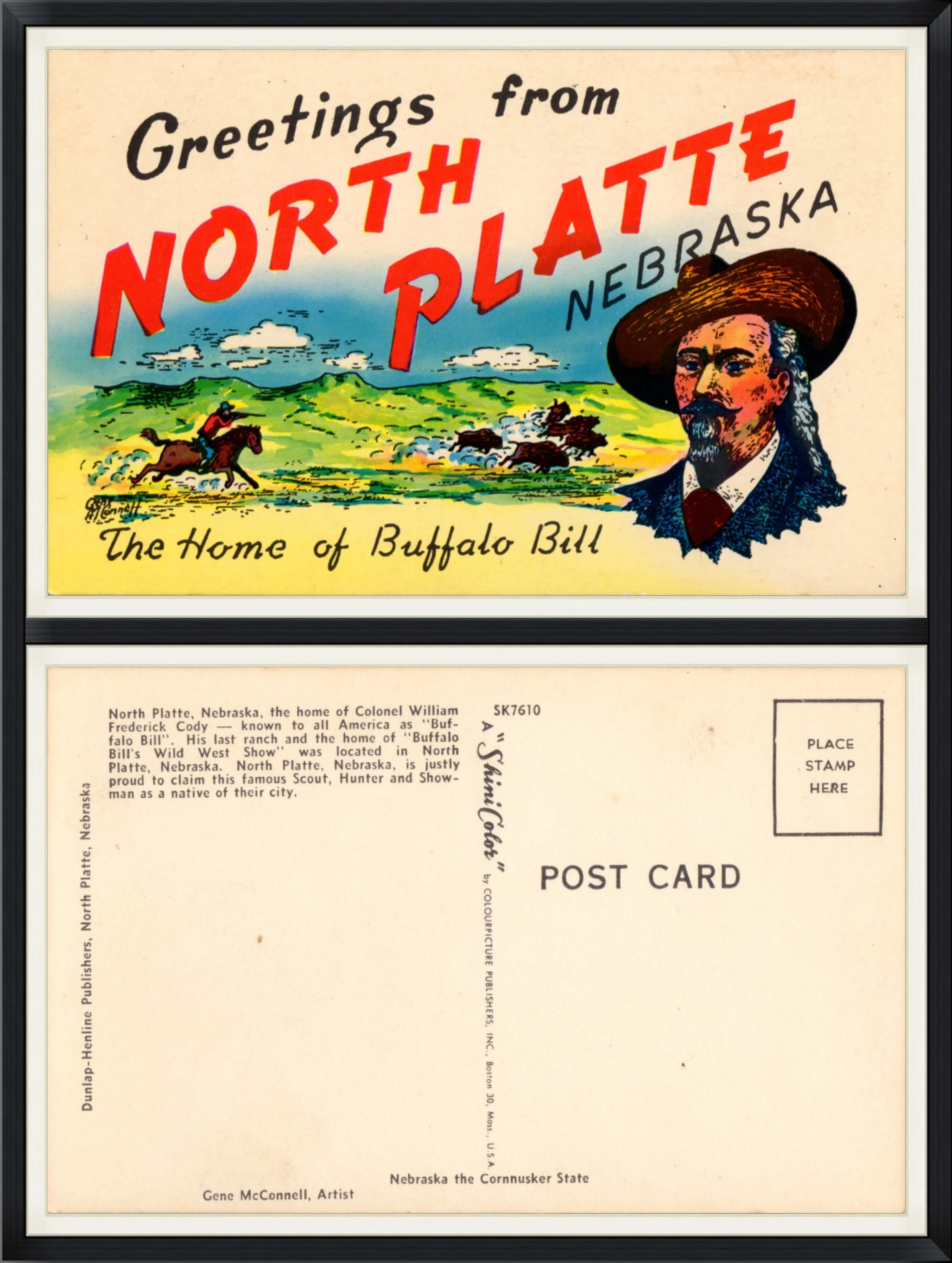 Greetings from North Platte, Nebraska - The Home of Buffalo Bill - Gene McConnell, Artist - SK7610 - Printed Postcard