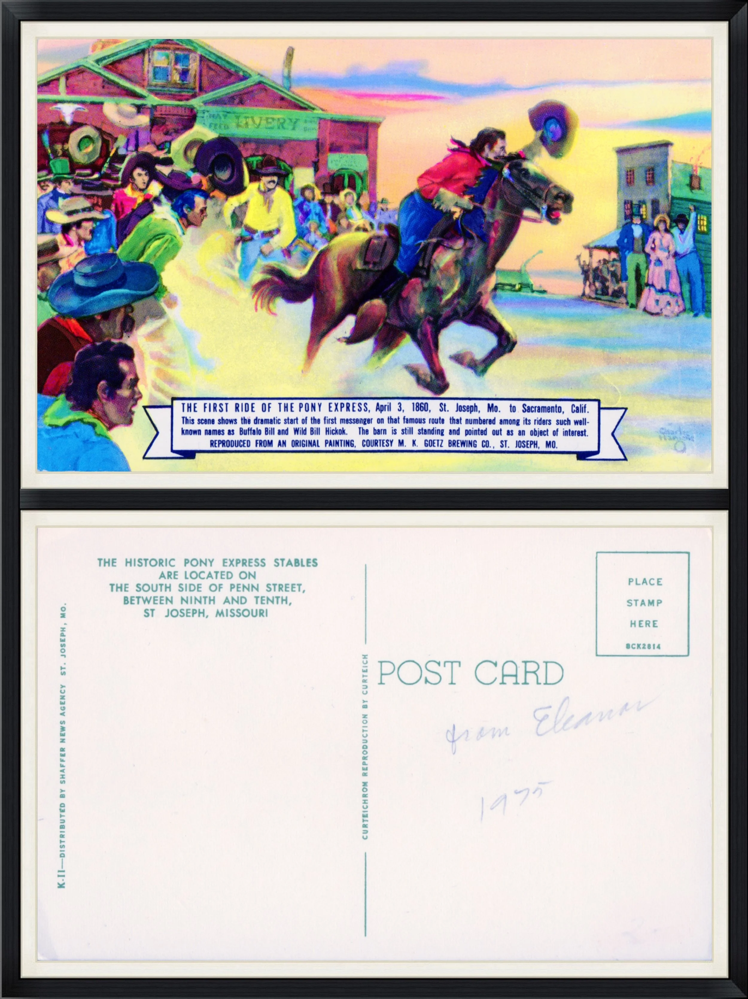 The First Ride of the Pony Express, April 3, 1860 - St. Joseph, Missouri to Sacramento, California - Printed Postcard