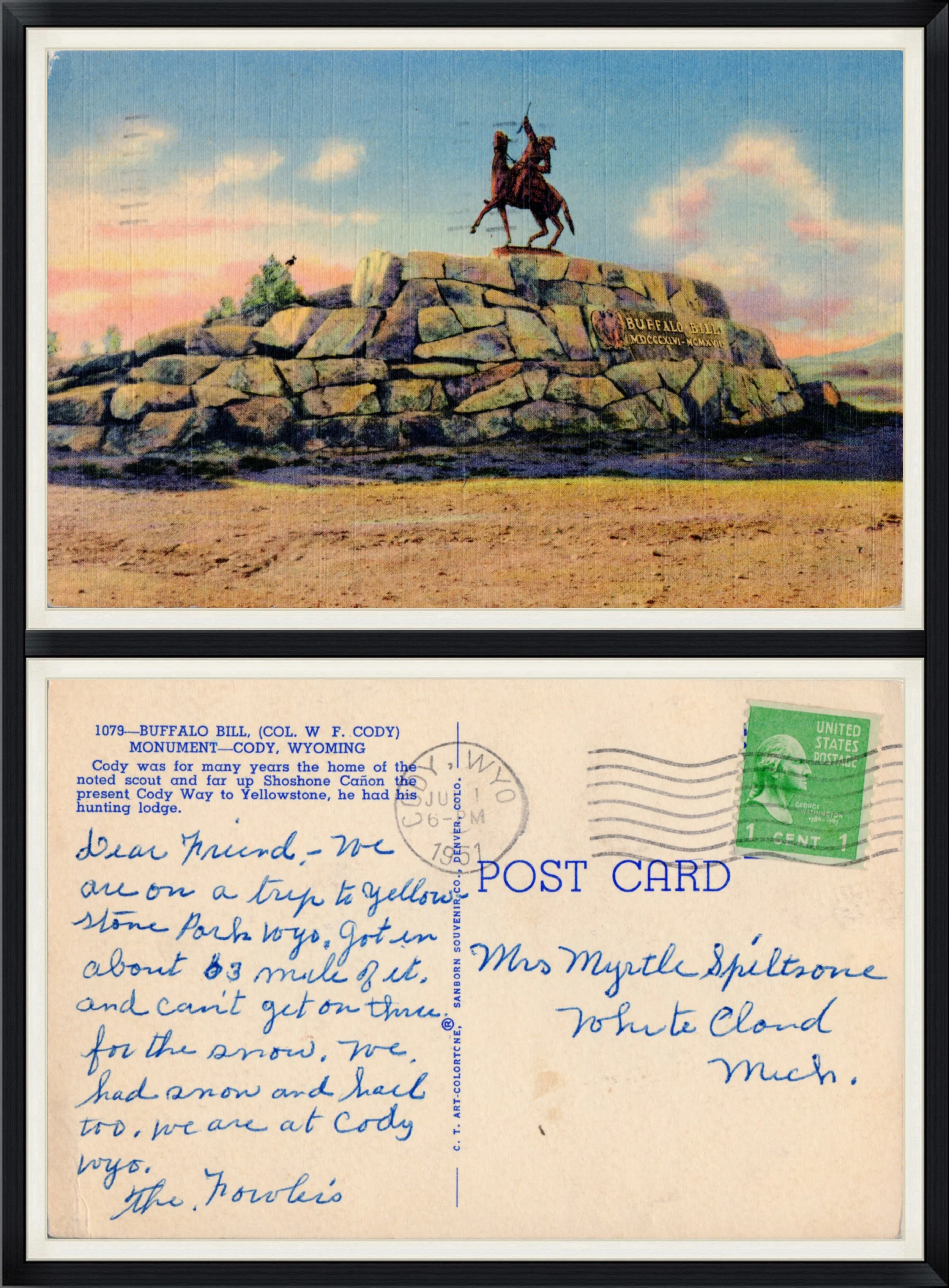 Buffalo Bill (Col. W. F. Cody) Monument, Cody, Wyoming - 1079 - Postmarked in 1951 from Cody, Wyoming - Printed Postcard