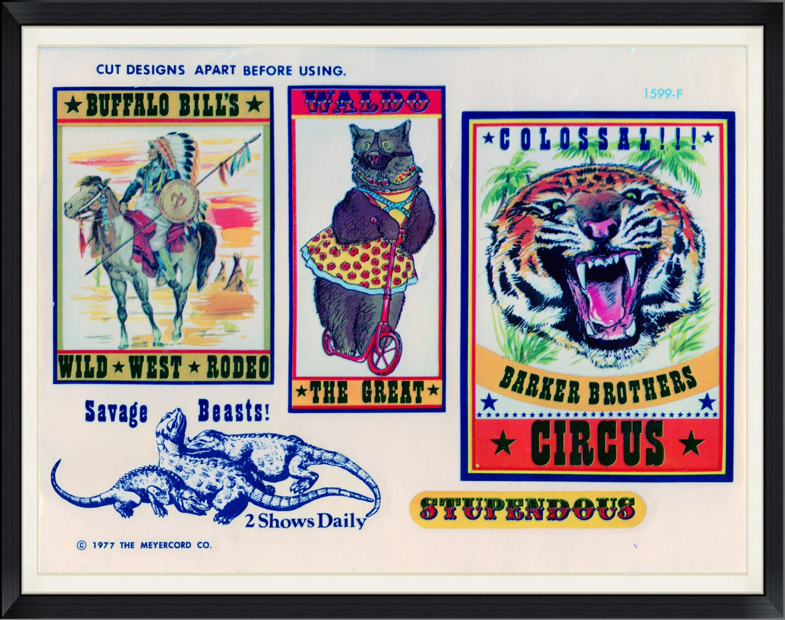 1977 - The Meyercord Company - Savage Beasts:  2 Shows Daily - Buffalo Bills Wild West Rodeo - Waldo The Great - Colassal Barker Brothers Circus - Stupendous - 1599-F - Sticker