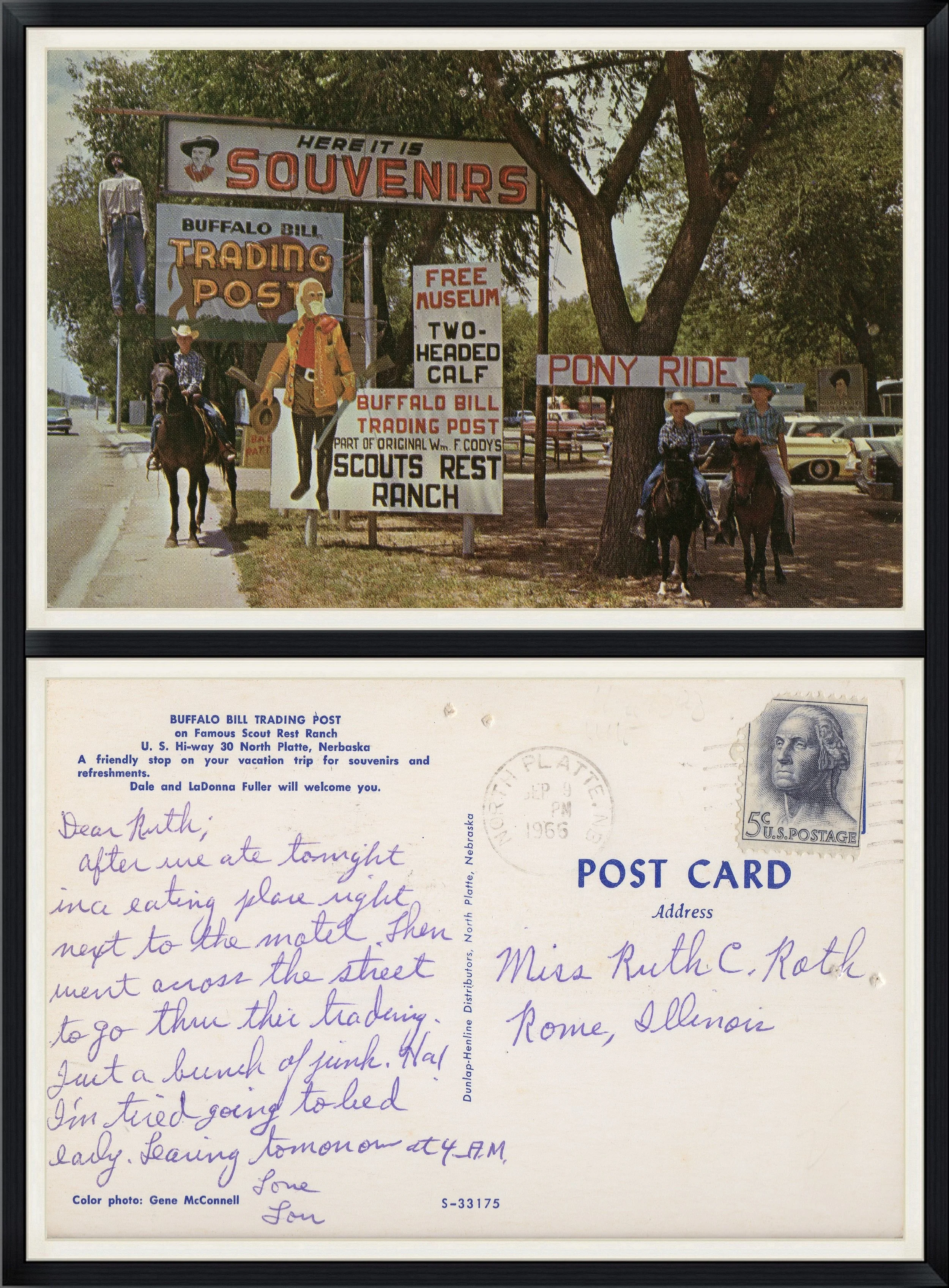 Buffalo Bill Trading Post on Famous Scout Rest Ranch U.S. Hi-way 30, North Platte, Nebraska - Postmarked in 1966 from North Platte, NE - Printed Postcard