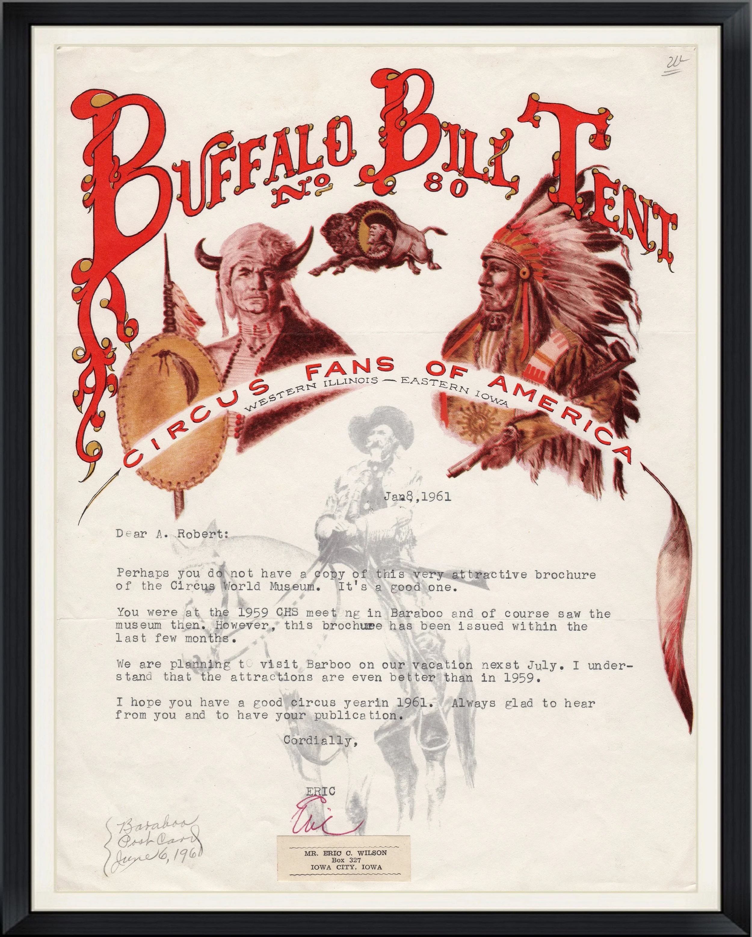 1961 - Buffalo Bill Tent - No. 80 - Circus Fans of America - Western Illinois - Eastern Iowa - Historical Letter