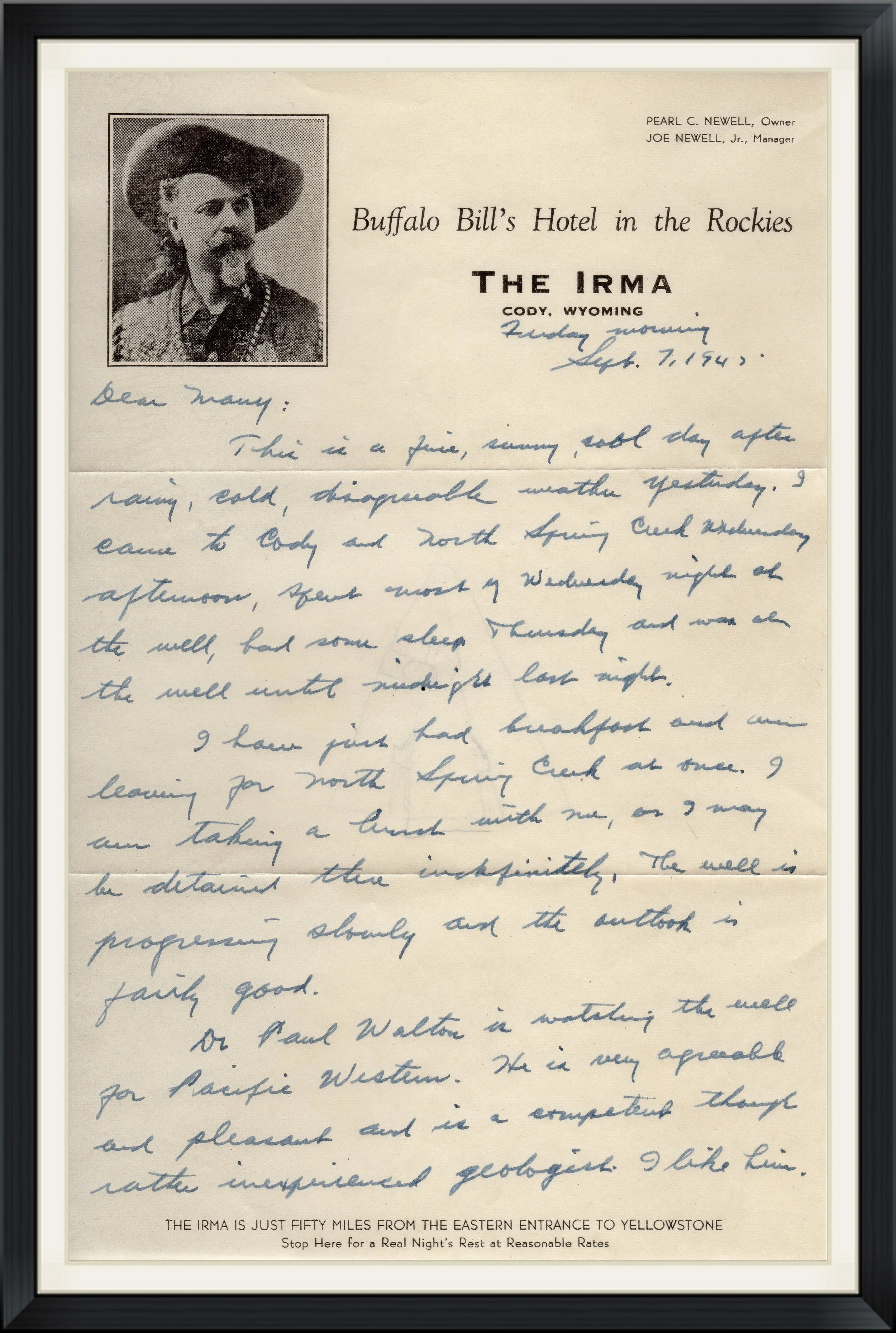 1945 - The Irma, Cody, Wyoming - Buffalo Bill's Hotel in the Rockies - Historical Letter
