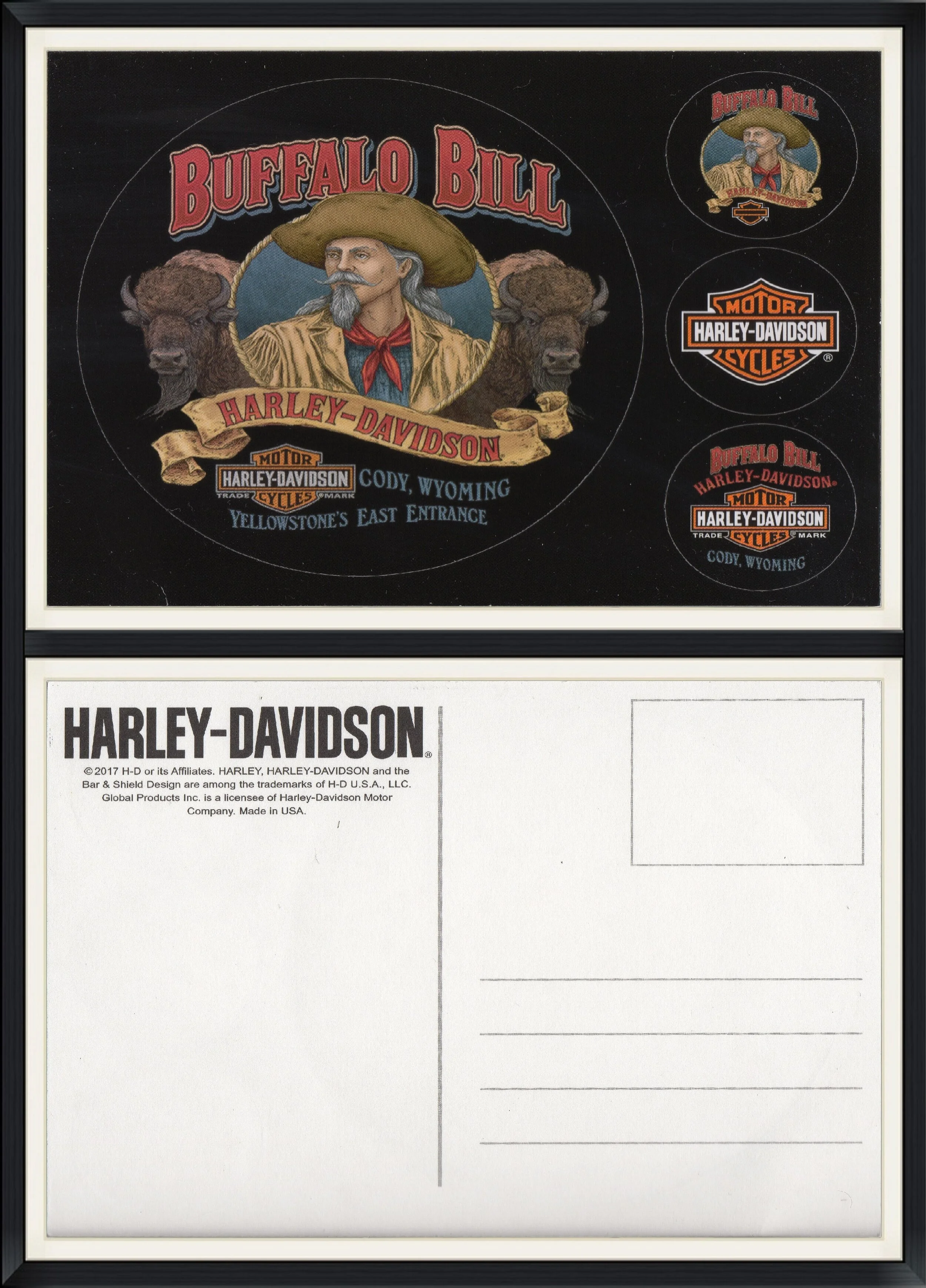 2017 - Buffalo Bill Harley-Davidson Motor Cycles, Cody, Wyoming - Yellowstone's East Entrance - Stickers &amp; Postcard