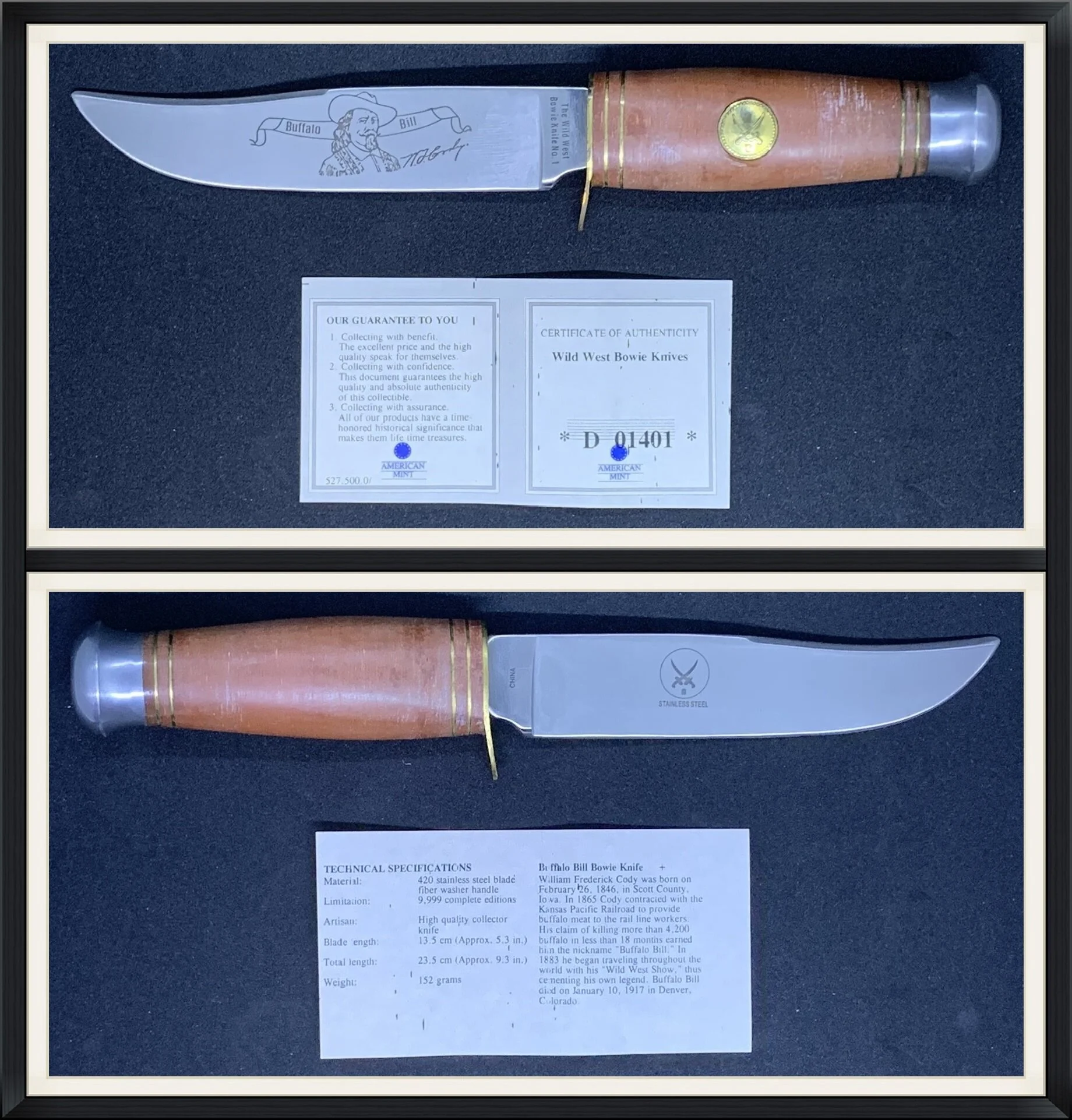 Buffalo Bill - W. F. Cody - The Wild West Bowie Knife No. 1 - Serial # D 01401 - Stainless Steel - Made in China - American Mint 527.500.0/